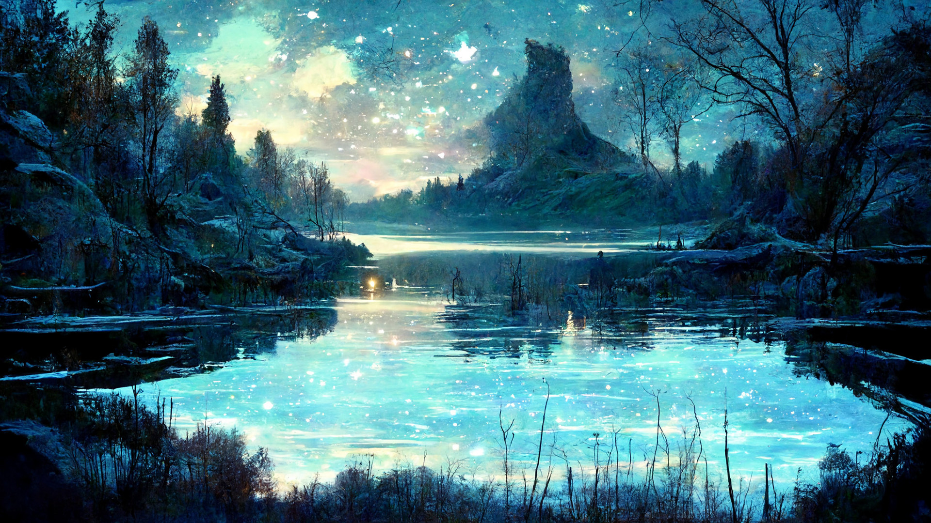 童话,夜晚繁星,湖中倒影,浪漫