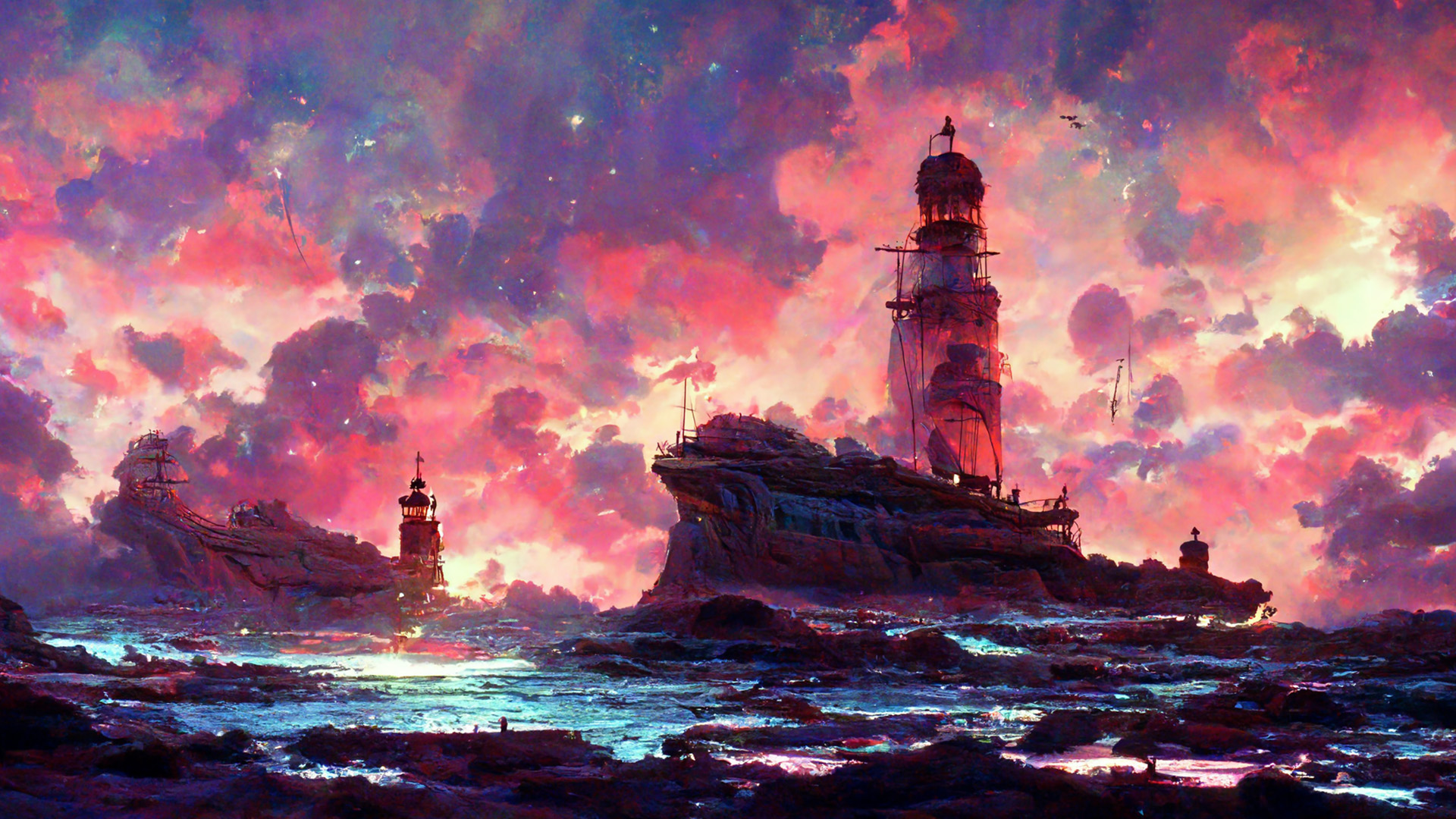 海岛,灯塔,晚霞,海岸