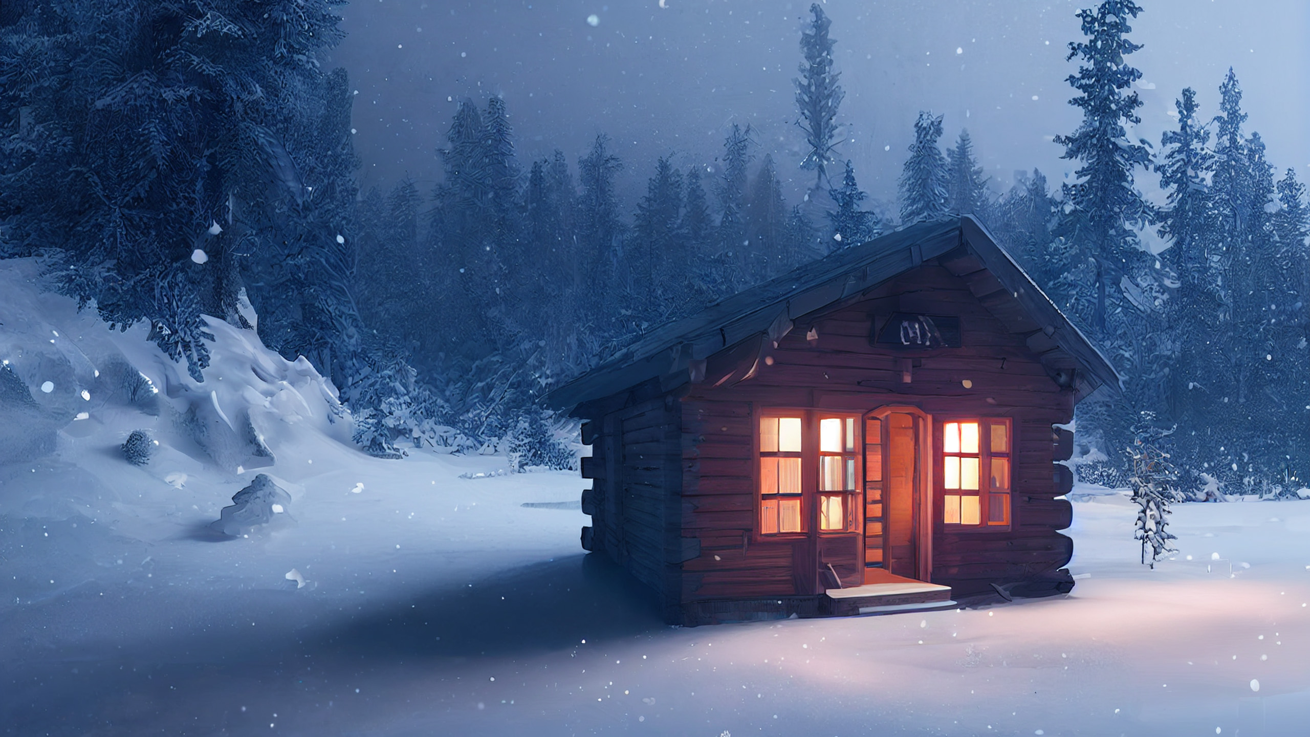 小木屋,下雪,灯光,树林