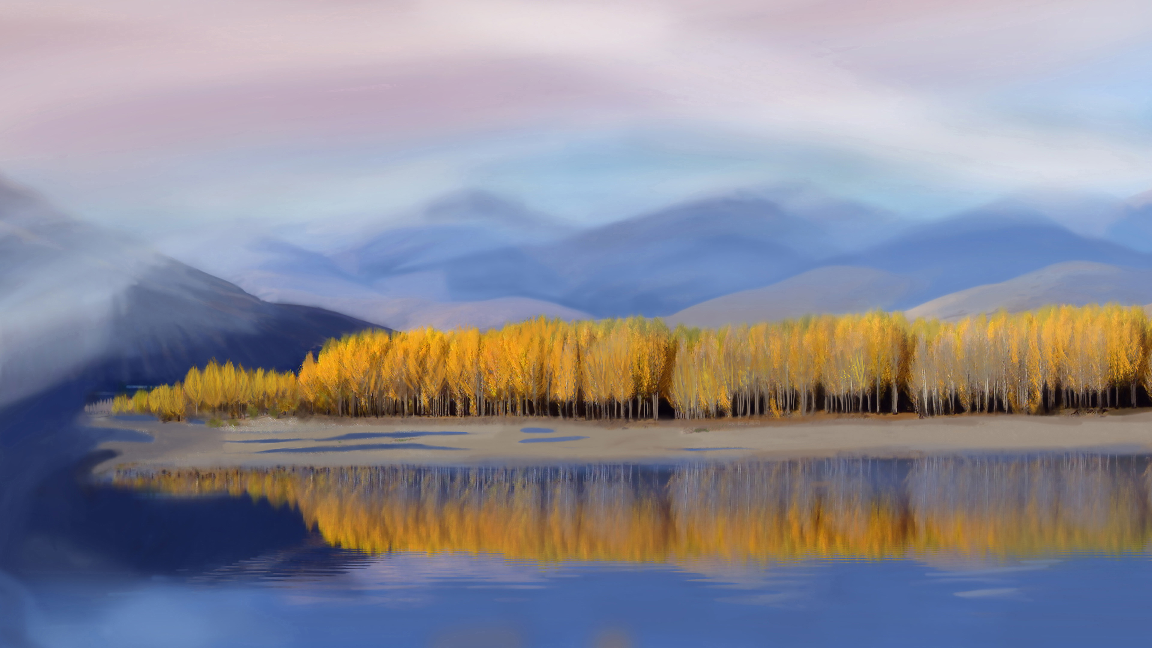 秋意正浓,树林,雪山,湖中倒影