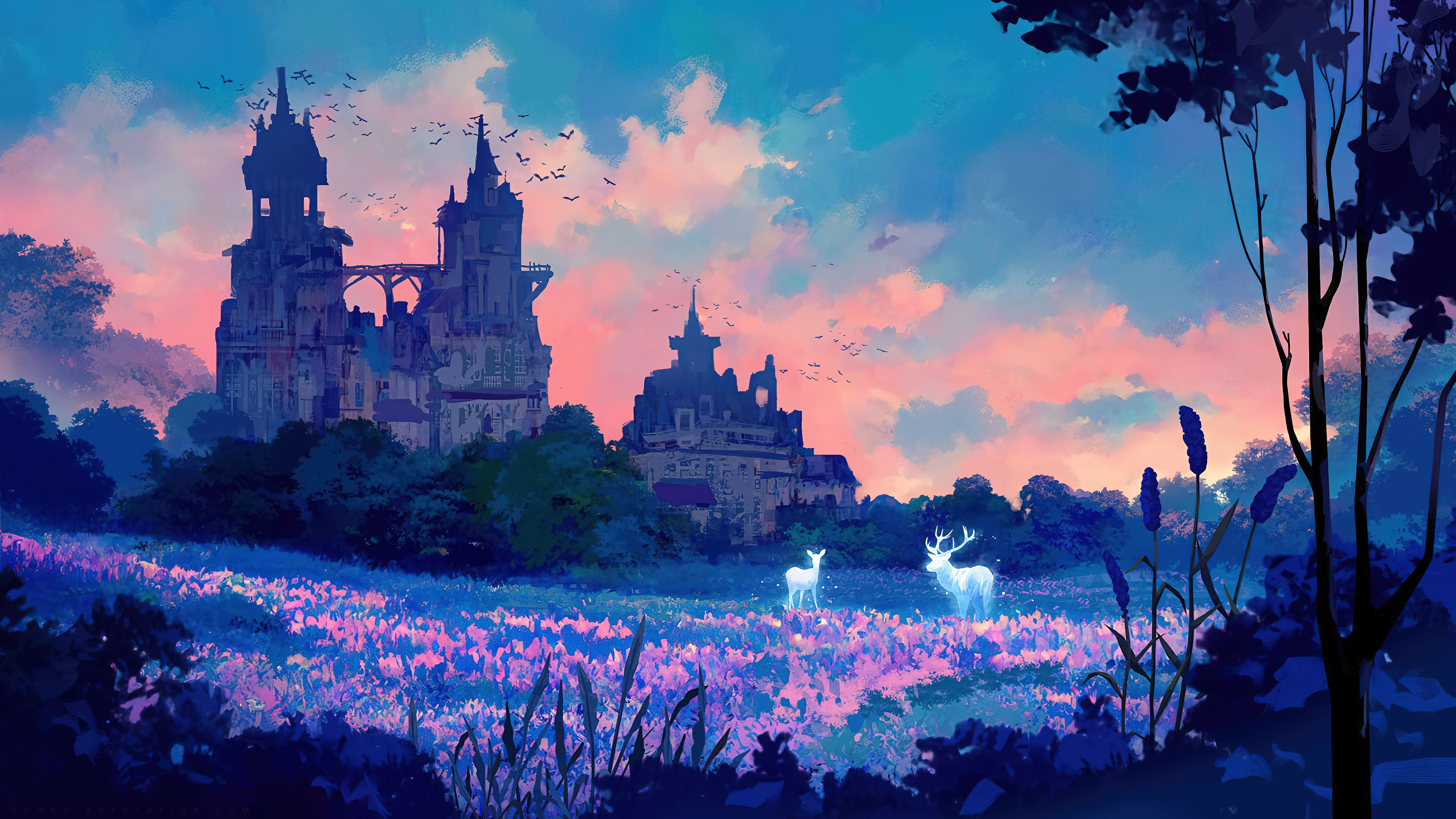 精灵,森林,城堡,麋鹿