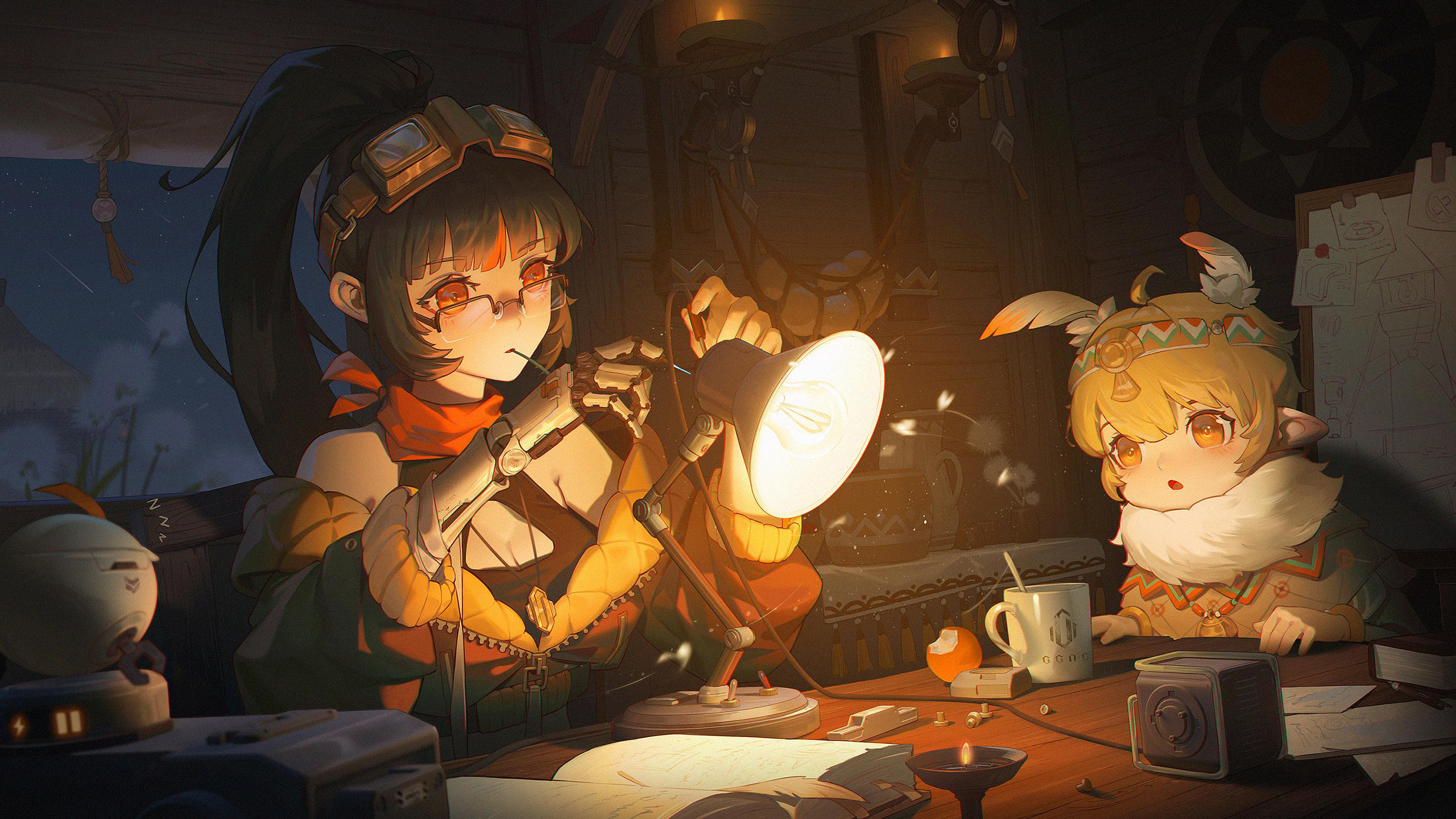 机械手臂,修理师,台灯,精灵,深夜