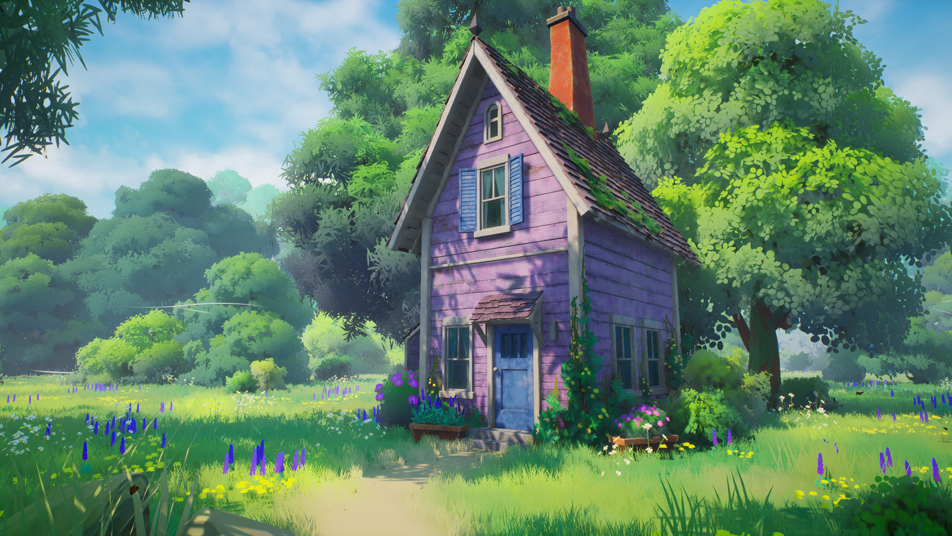 小木屋,烟囱,郊外,草地,小花