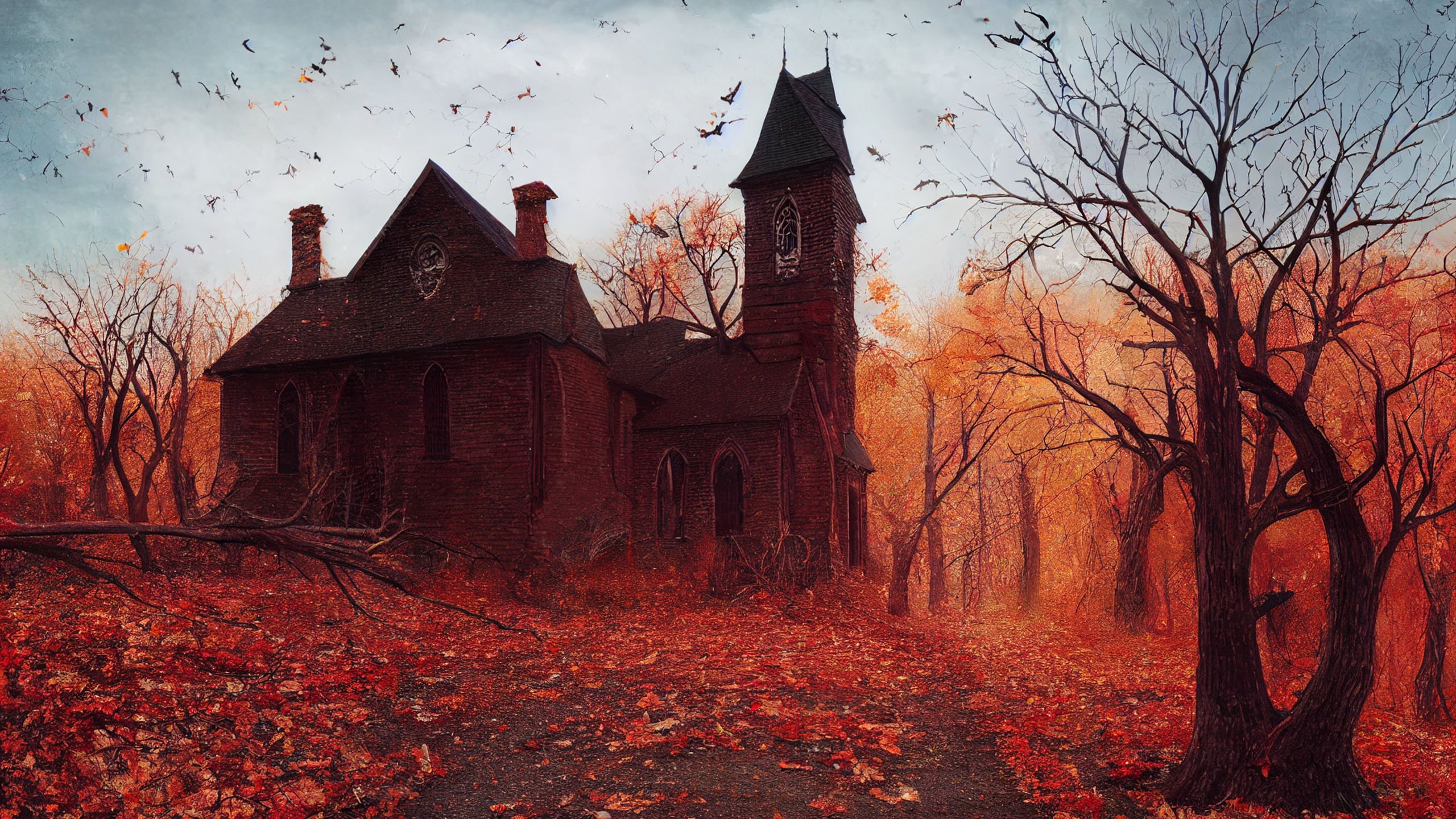 奇幻梦境,城堡,枯树,蝙蝠,落叶