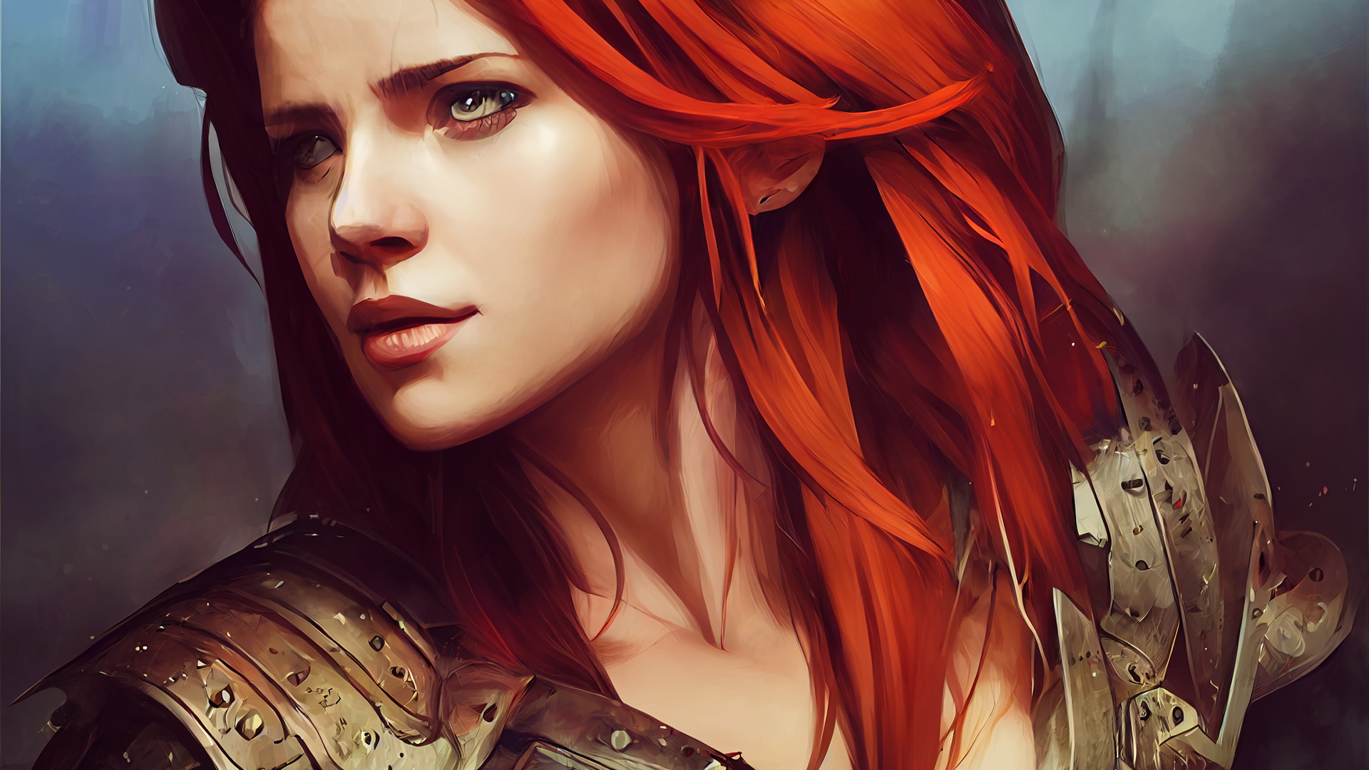 女战士,盔甲,红发,眼神
