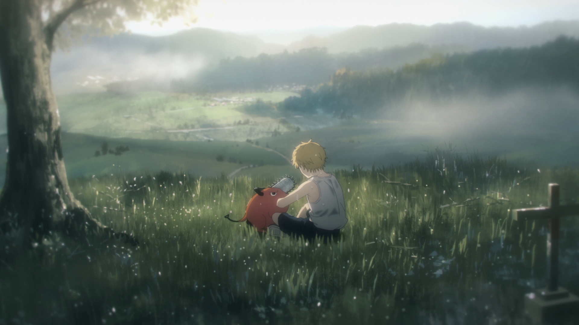 链锯人,郊外,十字架,草地