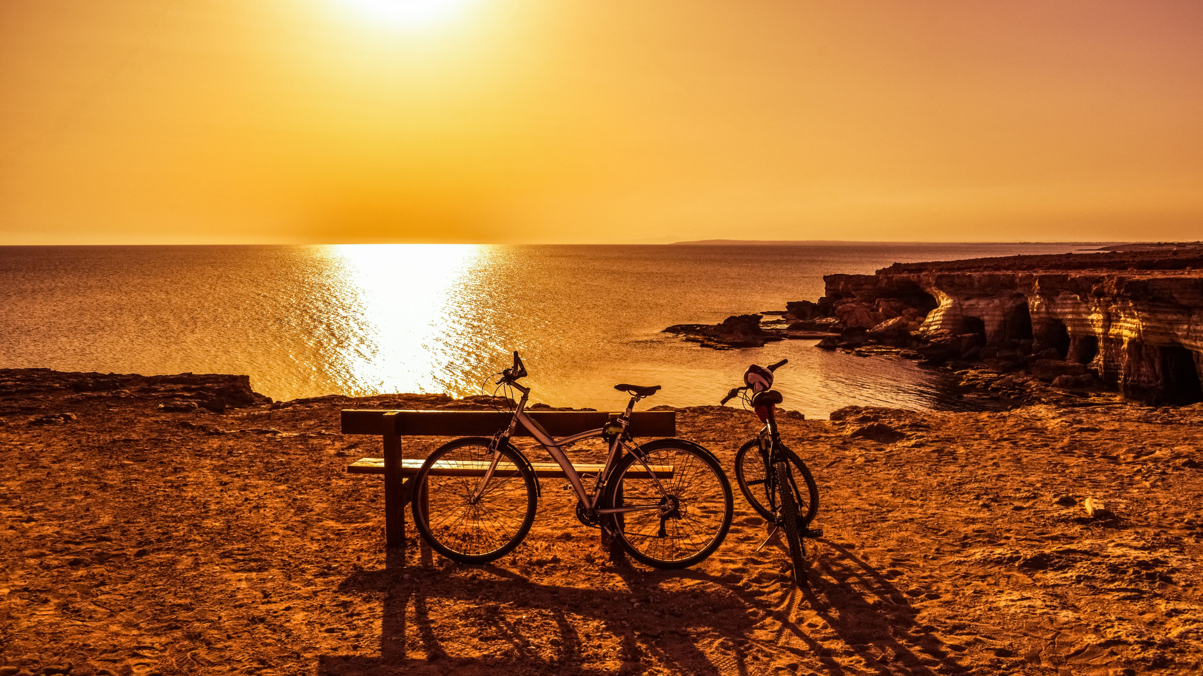 落日余晖,自行车,海岸,阳光