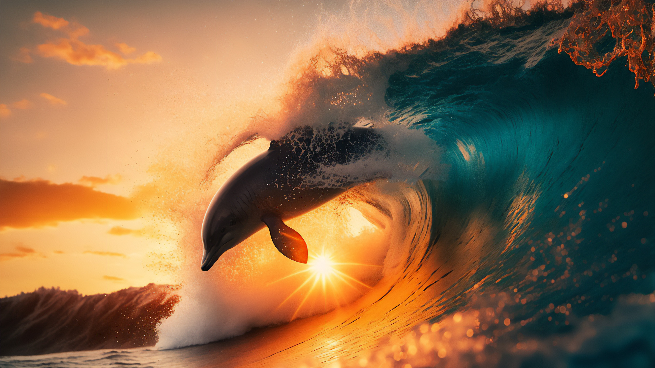 海豚,巨浪,日出,波浪