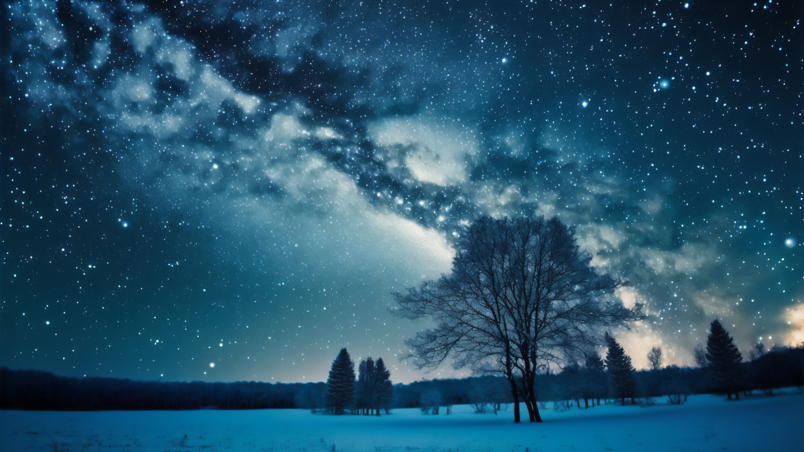 奇幻梦境,雪原,星空,树林