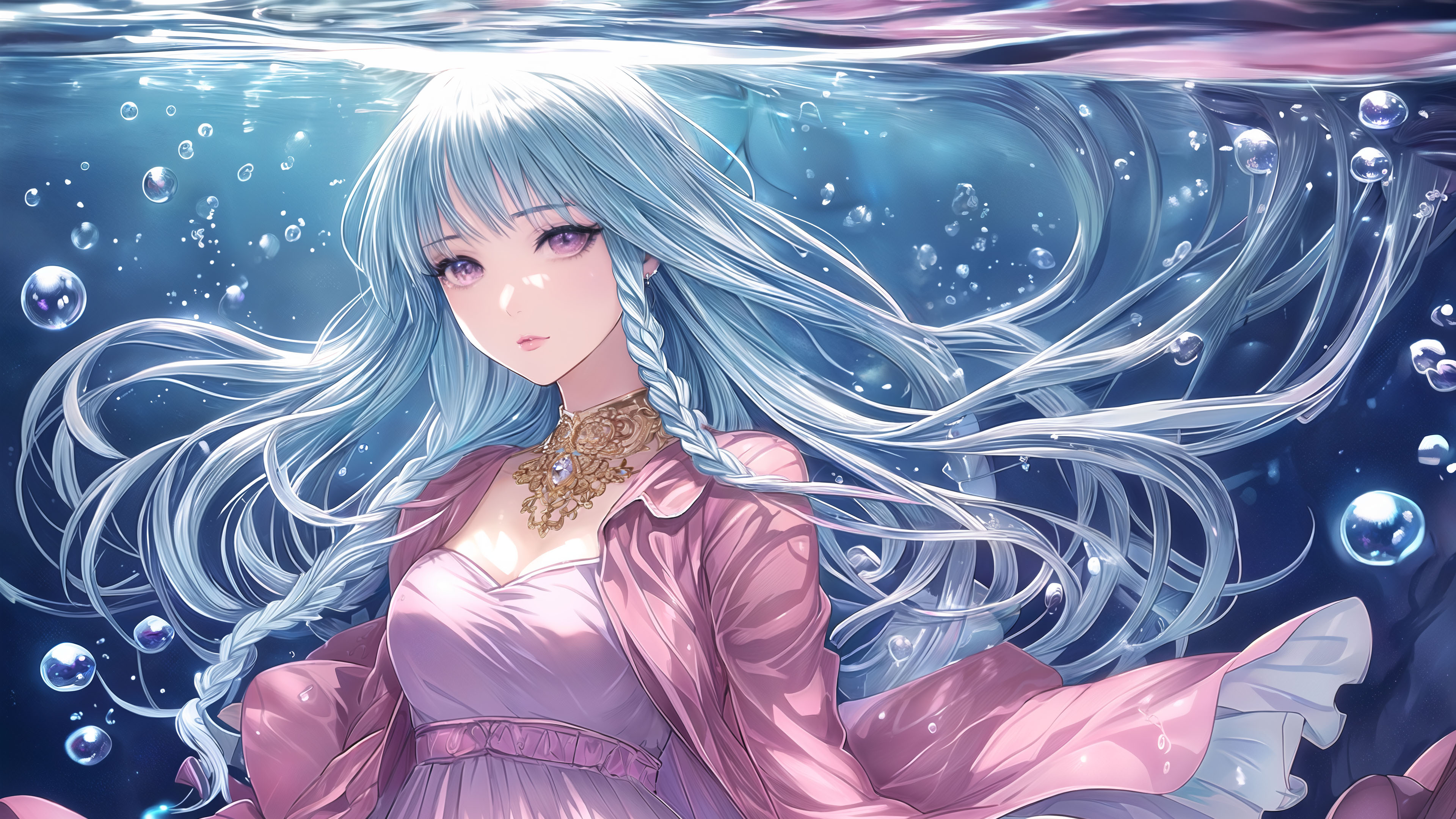 水下,华丽项链,女孩,大眼睛,水珠