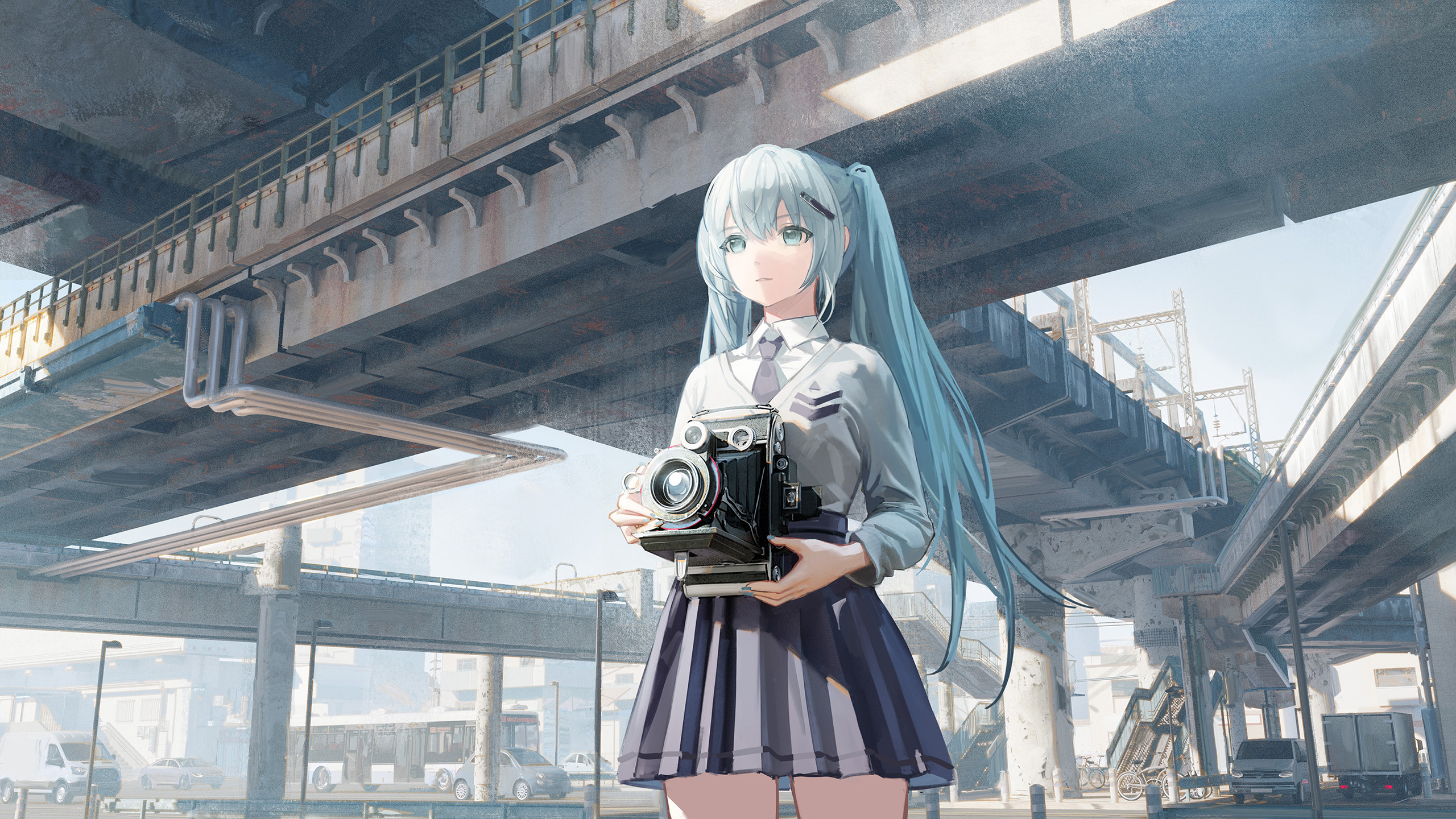 长发女孩,JK,照相机,高架桥