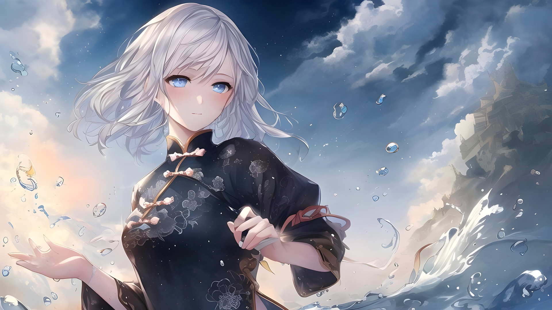 旗袍,白发,海浪,白云