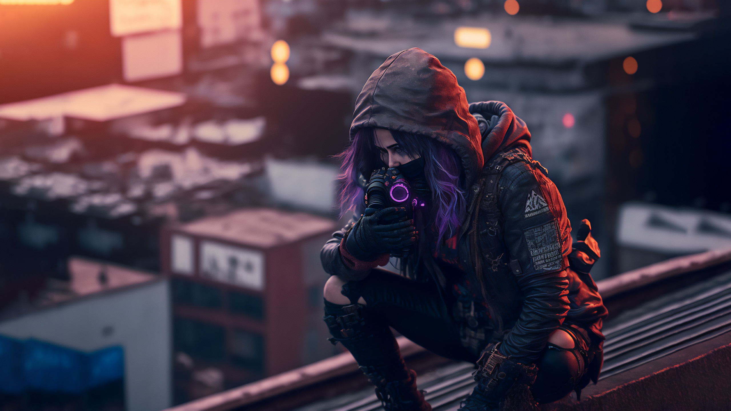 赛博朋克,防毒面具,屋顶,特工