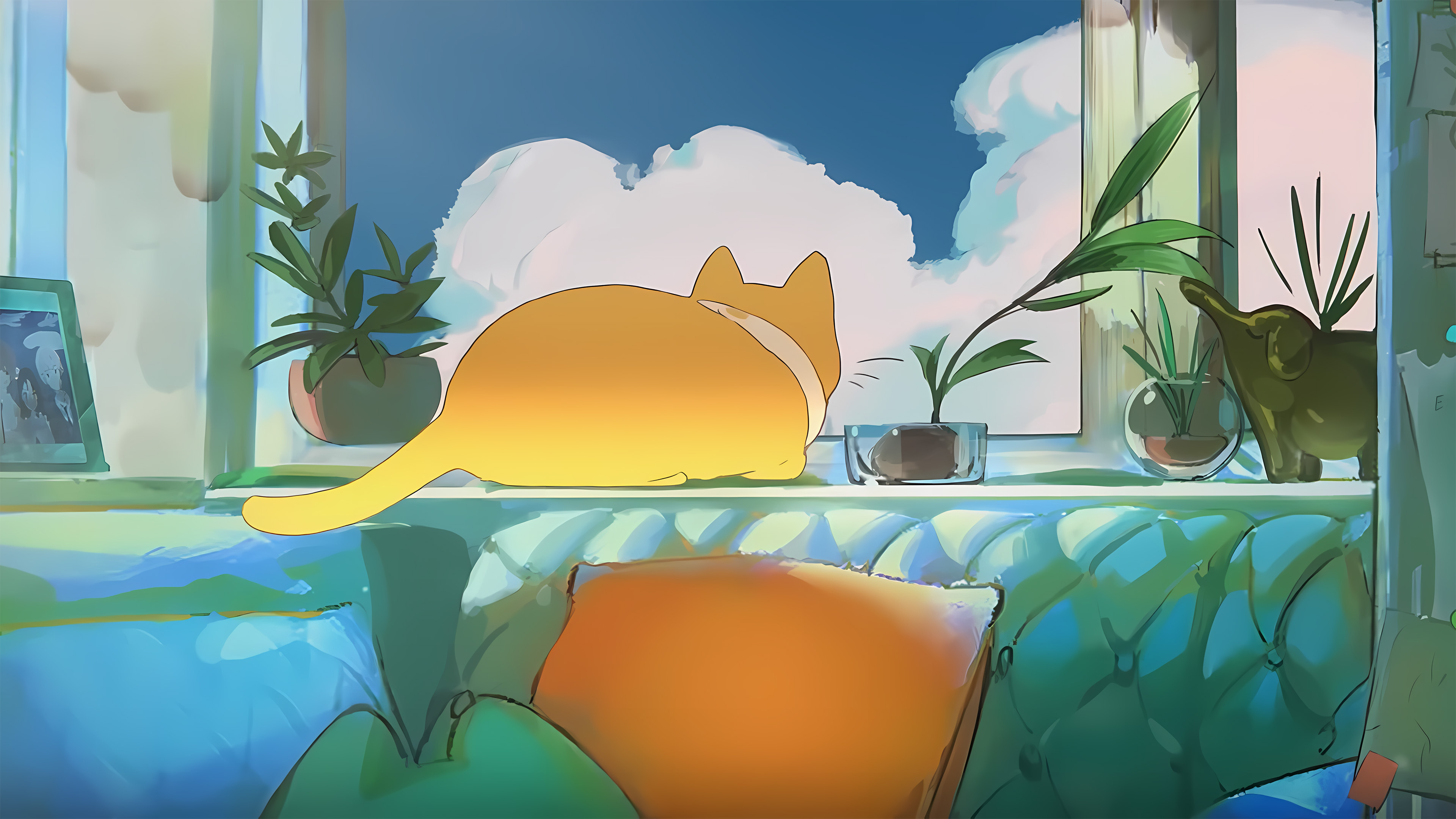 猫咪,窗户,盆栽,云朵,尾巴