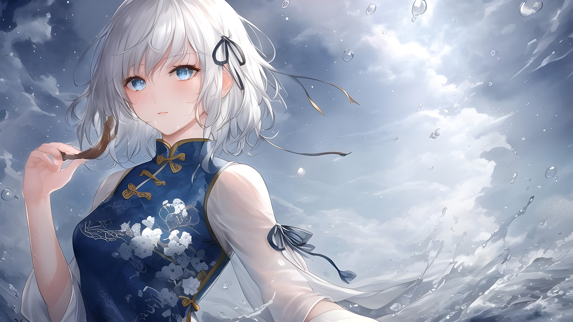 旗袍,云朵,白发女孩,太阳