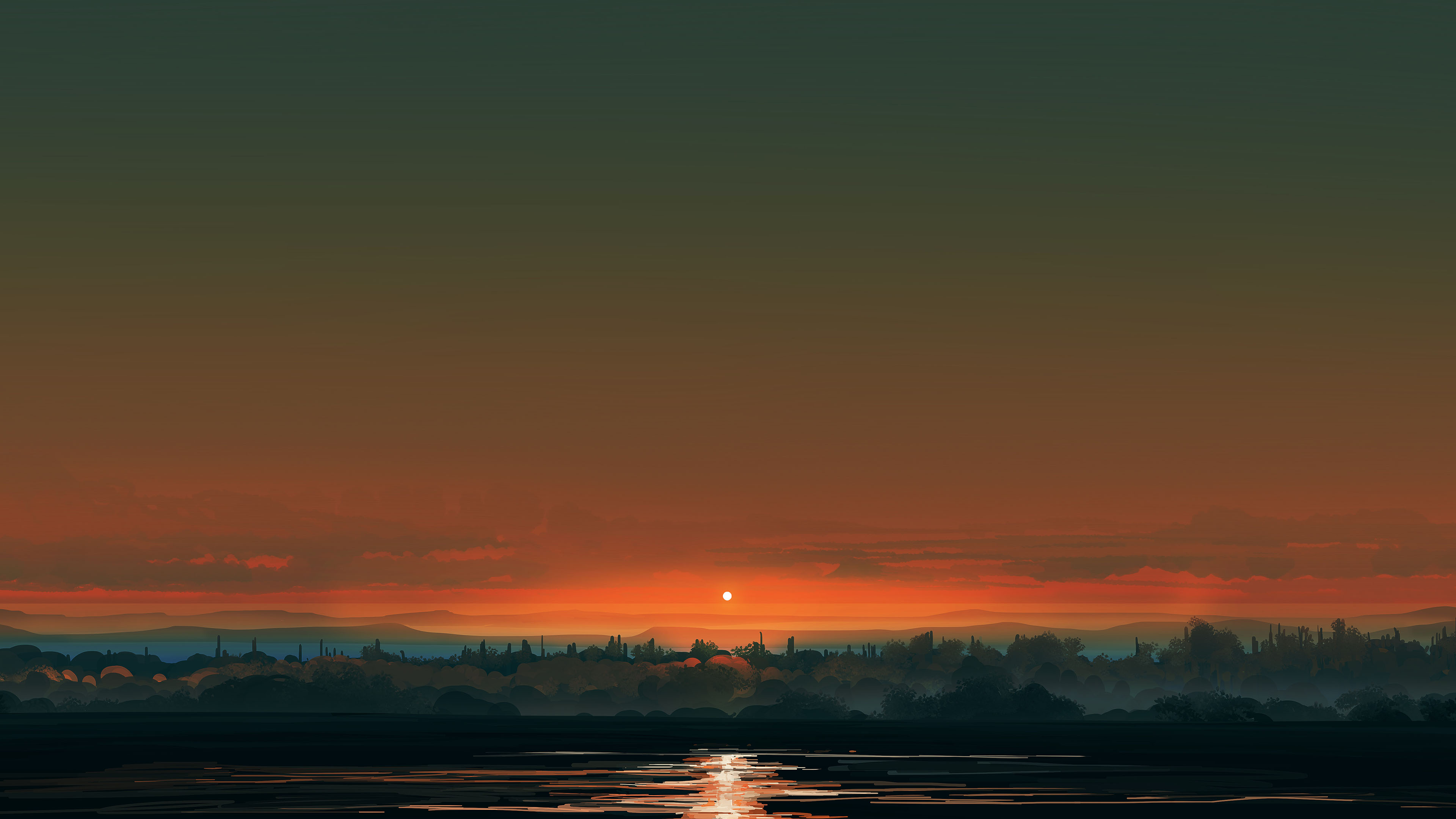 日出,地平线,森林,大江