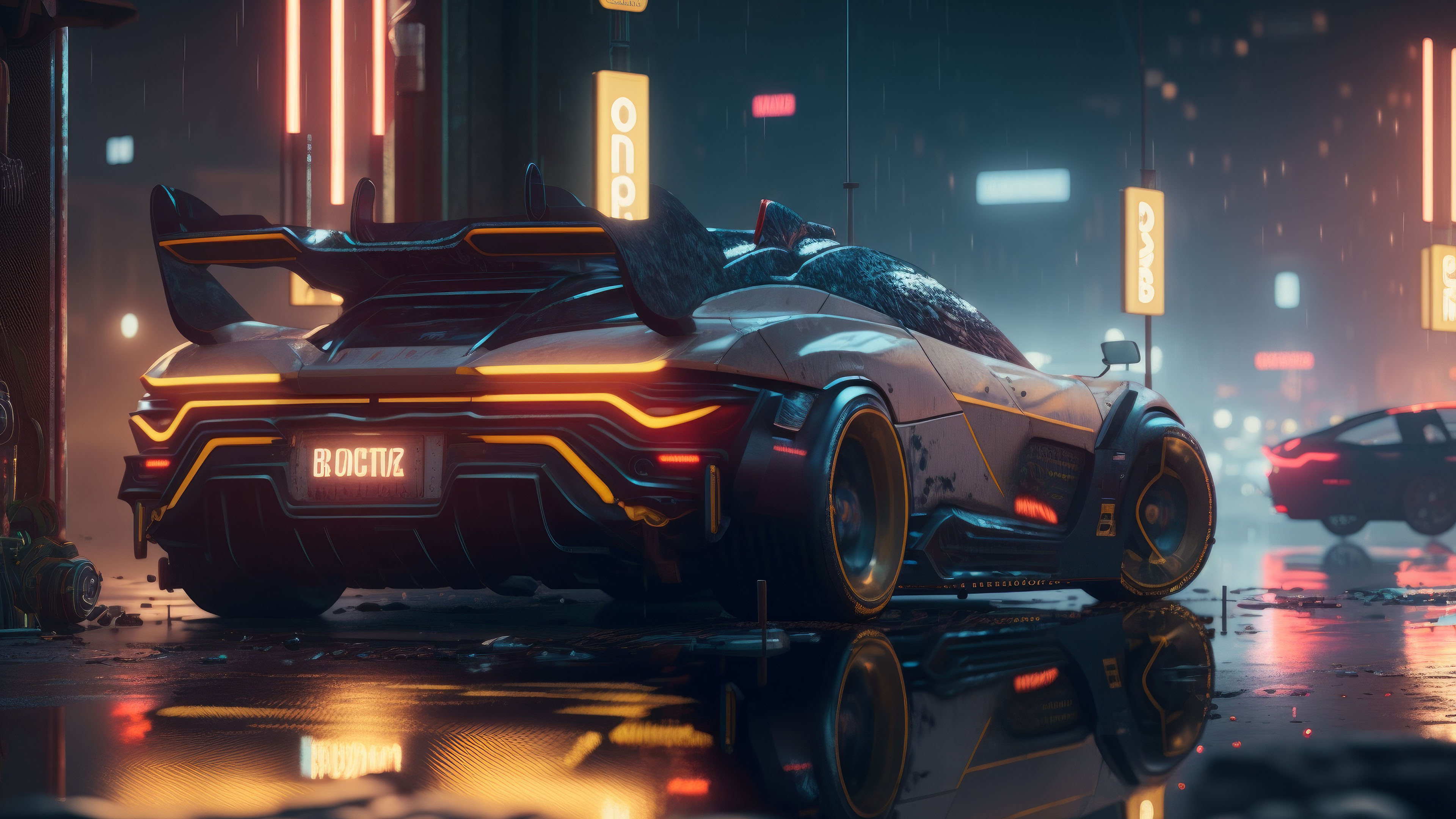 赛博朋克,跑车,尾翼,倒影,城市