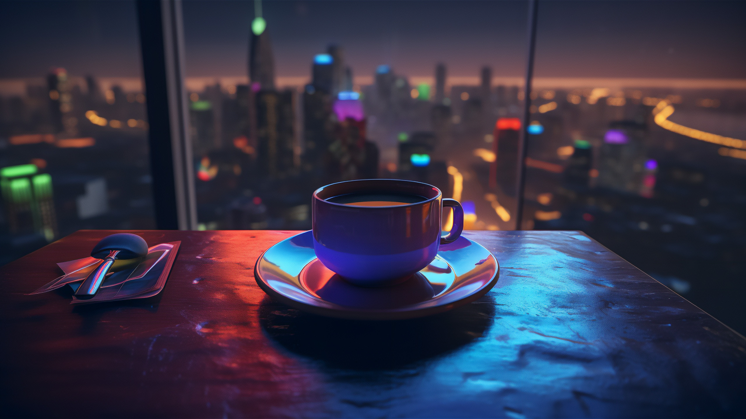 咖啡杯,勺子,夜景,灯光,五彩缤纷
