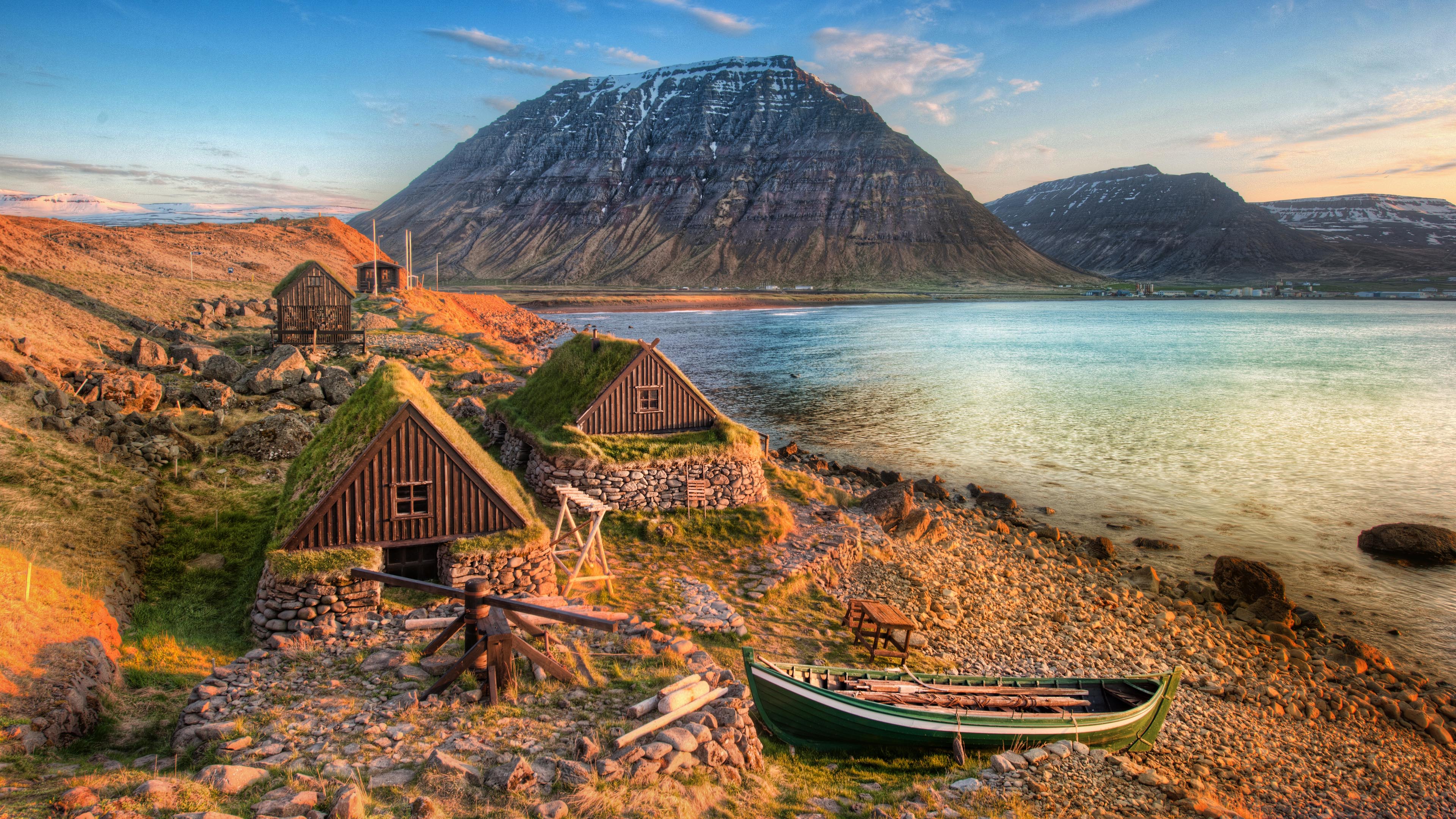 自然风光,湖畔,独木舟,木屋,微波粼粼