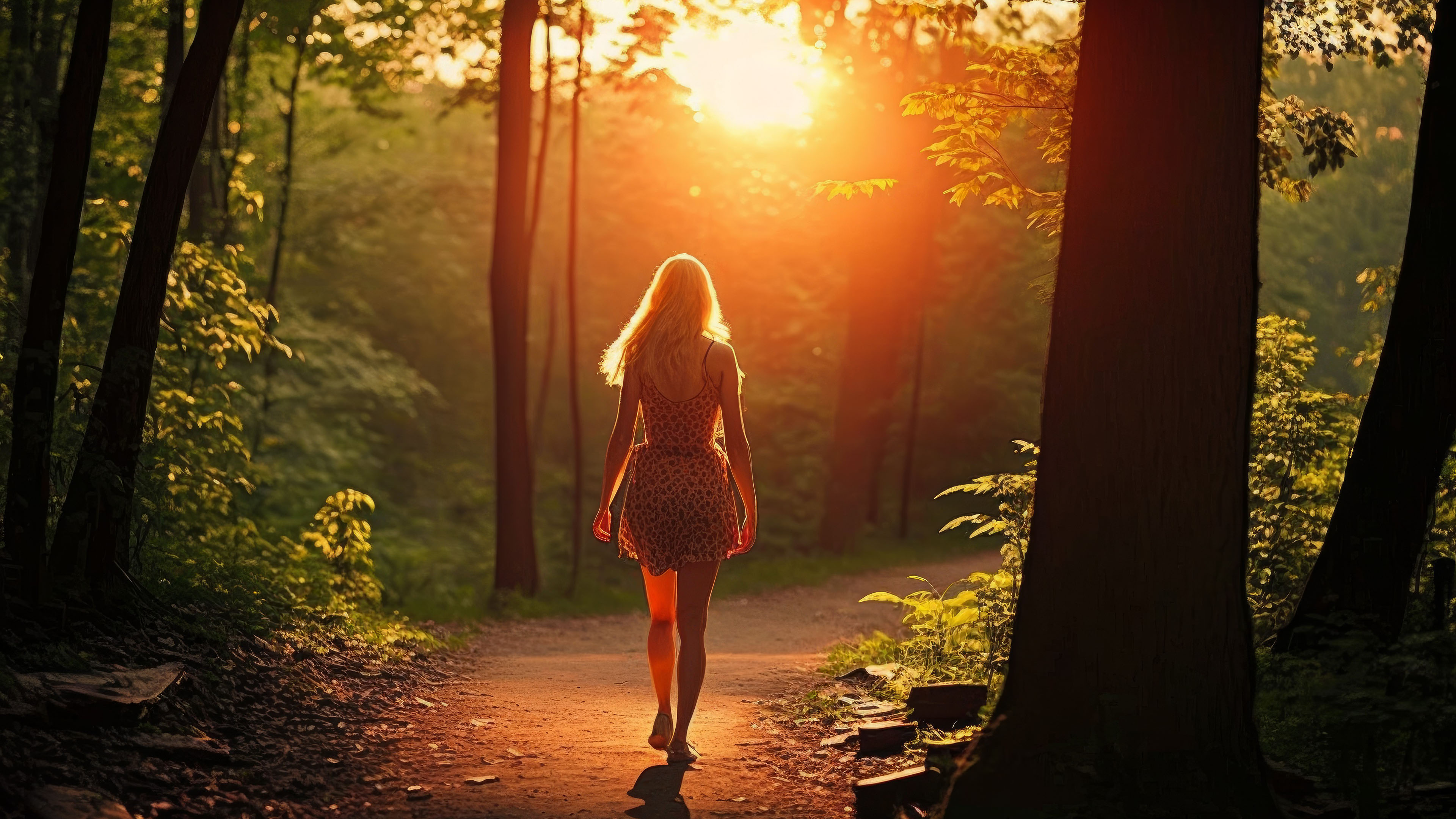 夕阳,树林,背影,树叶