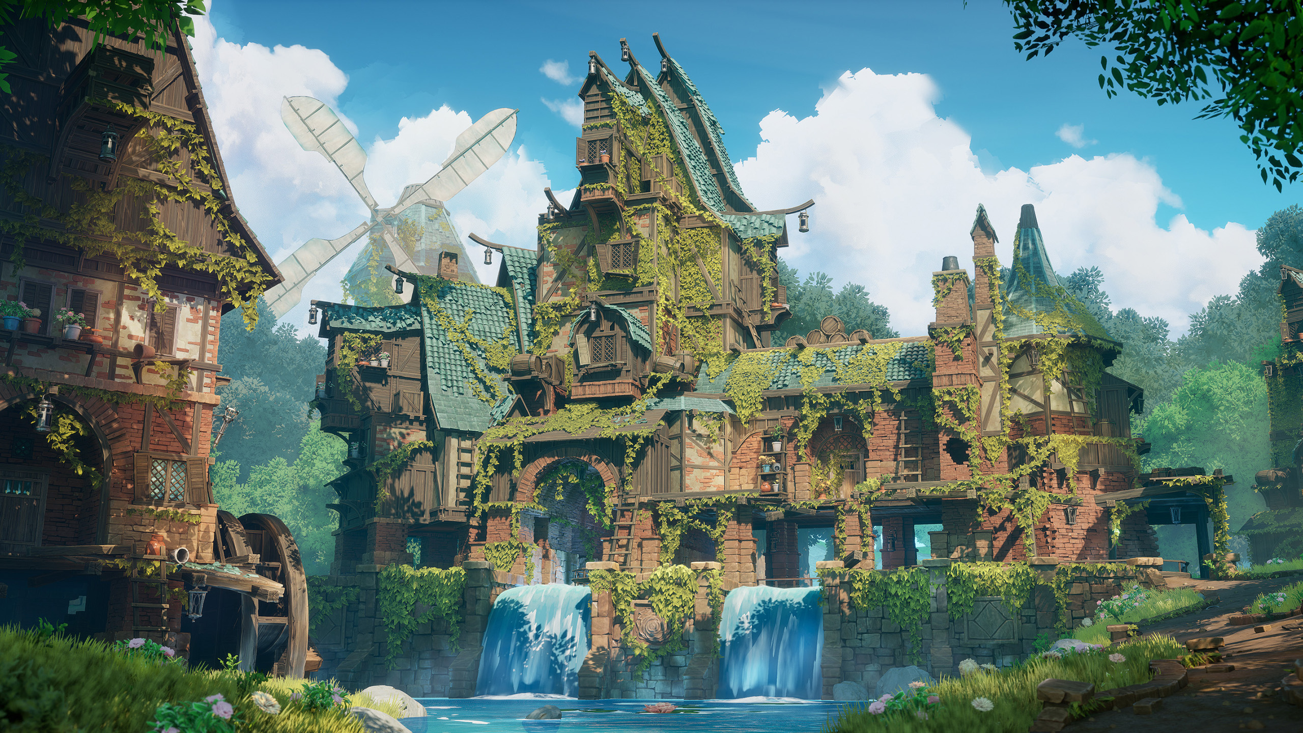 风车,城堡,建筑,河水,森林