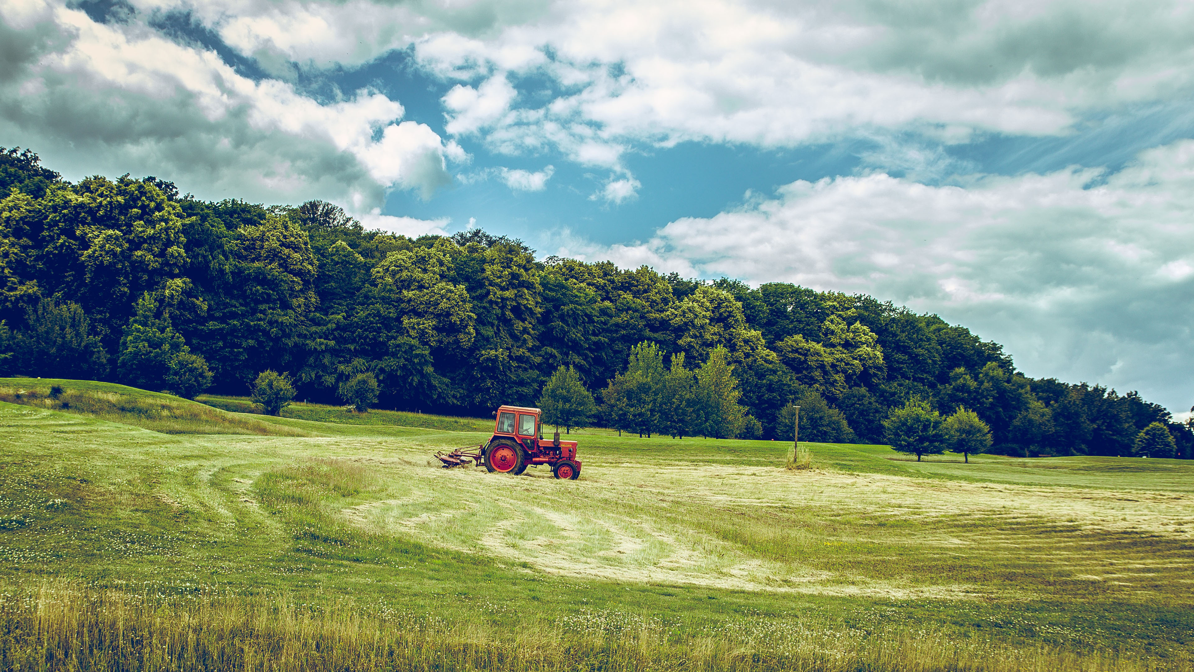 自然风光,拖拉机,草地,蓝天,云朵