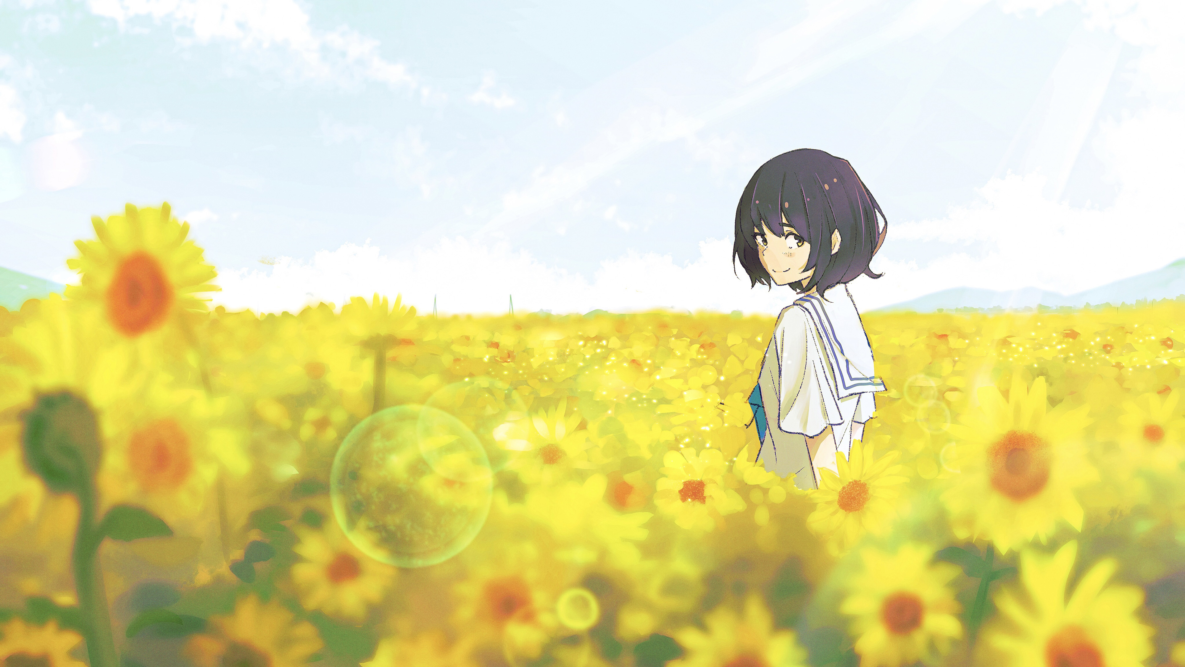 向日葵,花海,短发女孩,阳光