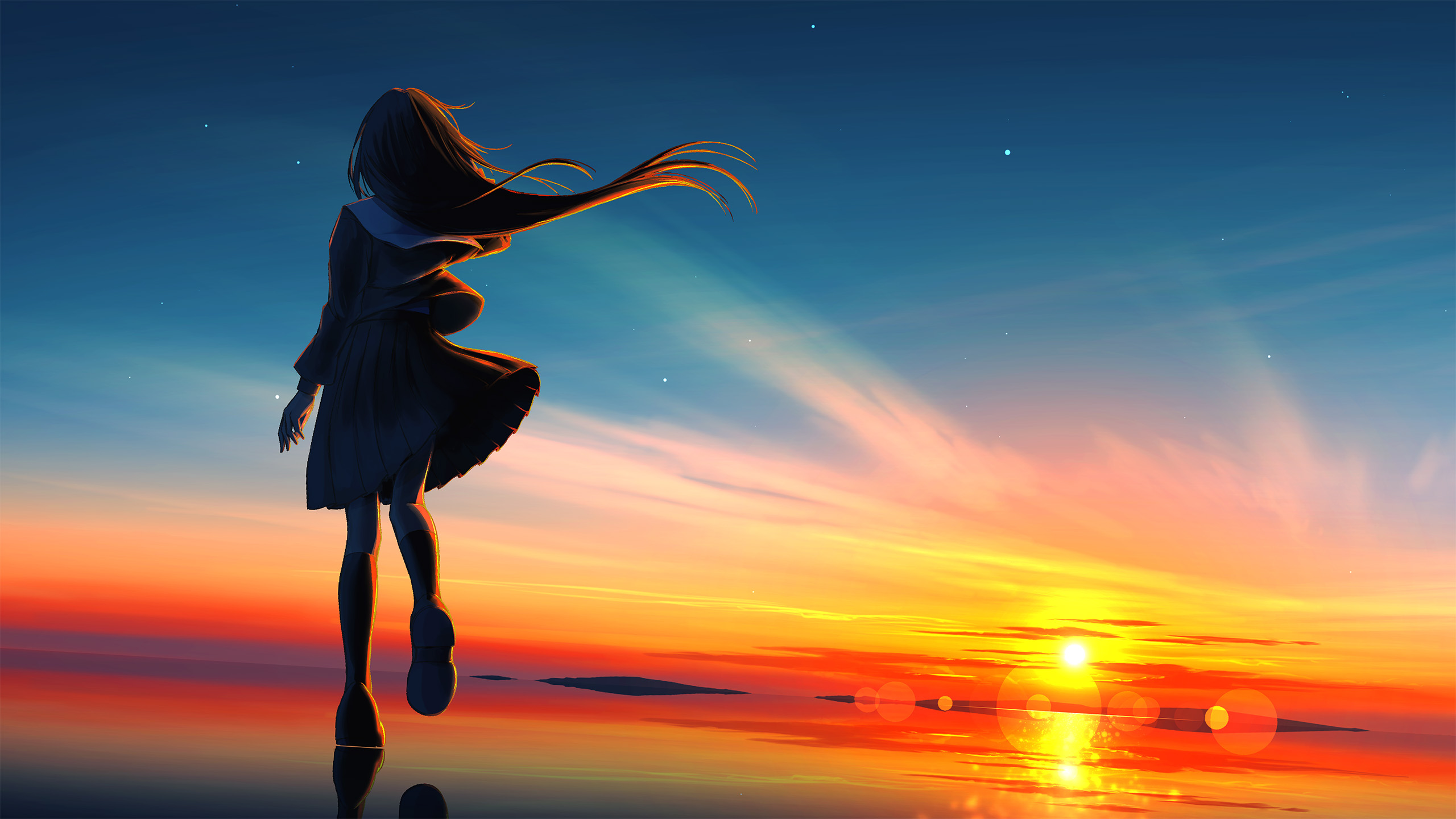 落日,奔跑,红霞,长发女孩