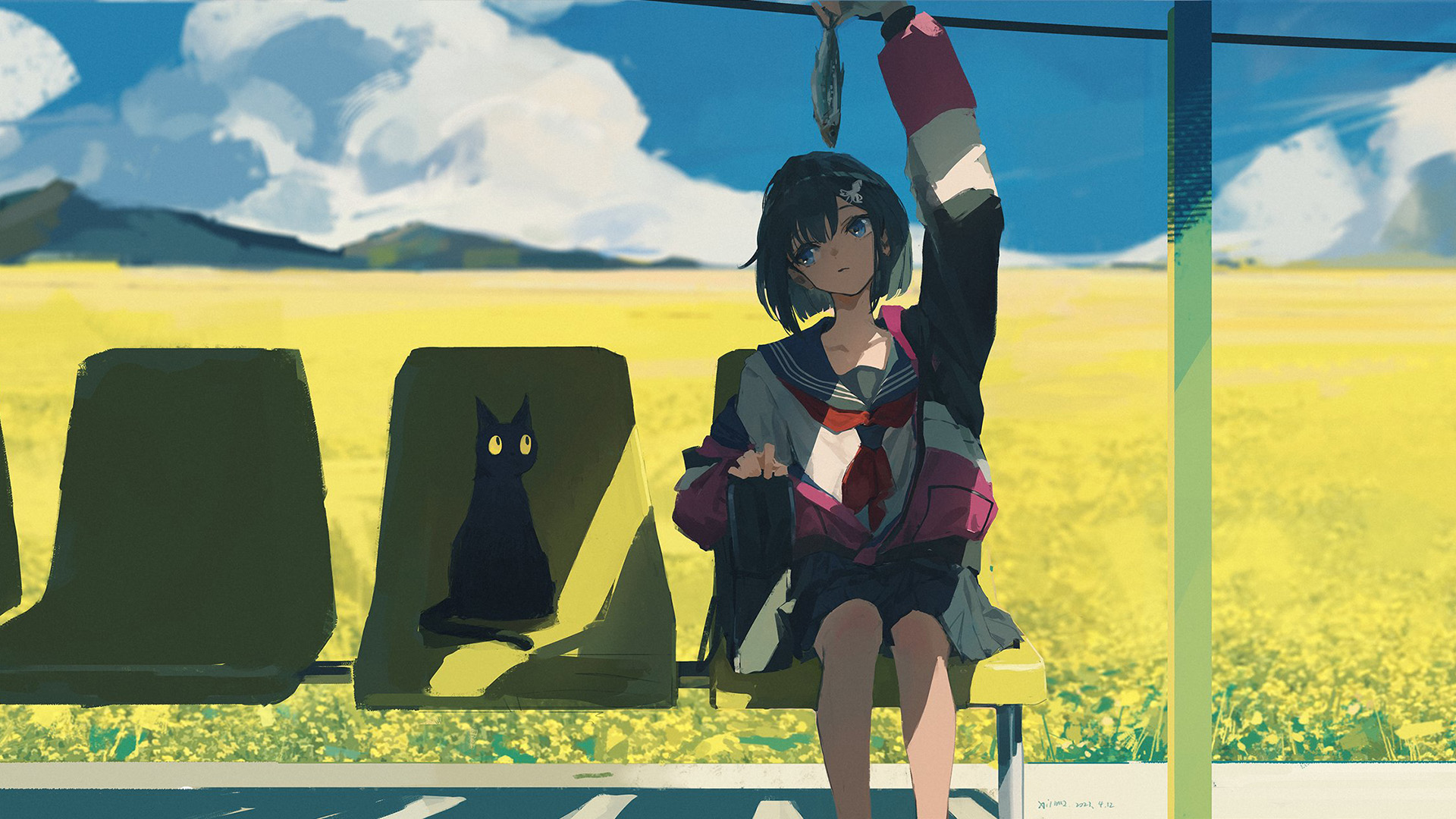 公交站,油菜花,女孩,猫咪