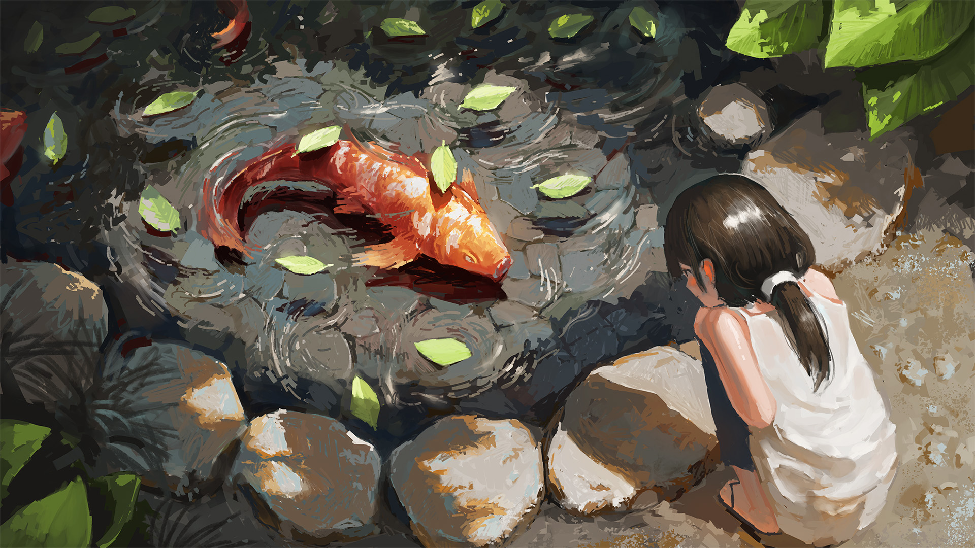 锦鲤,小女孩,池塘,大鱼