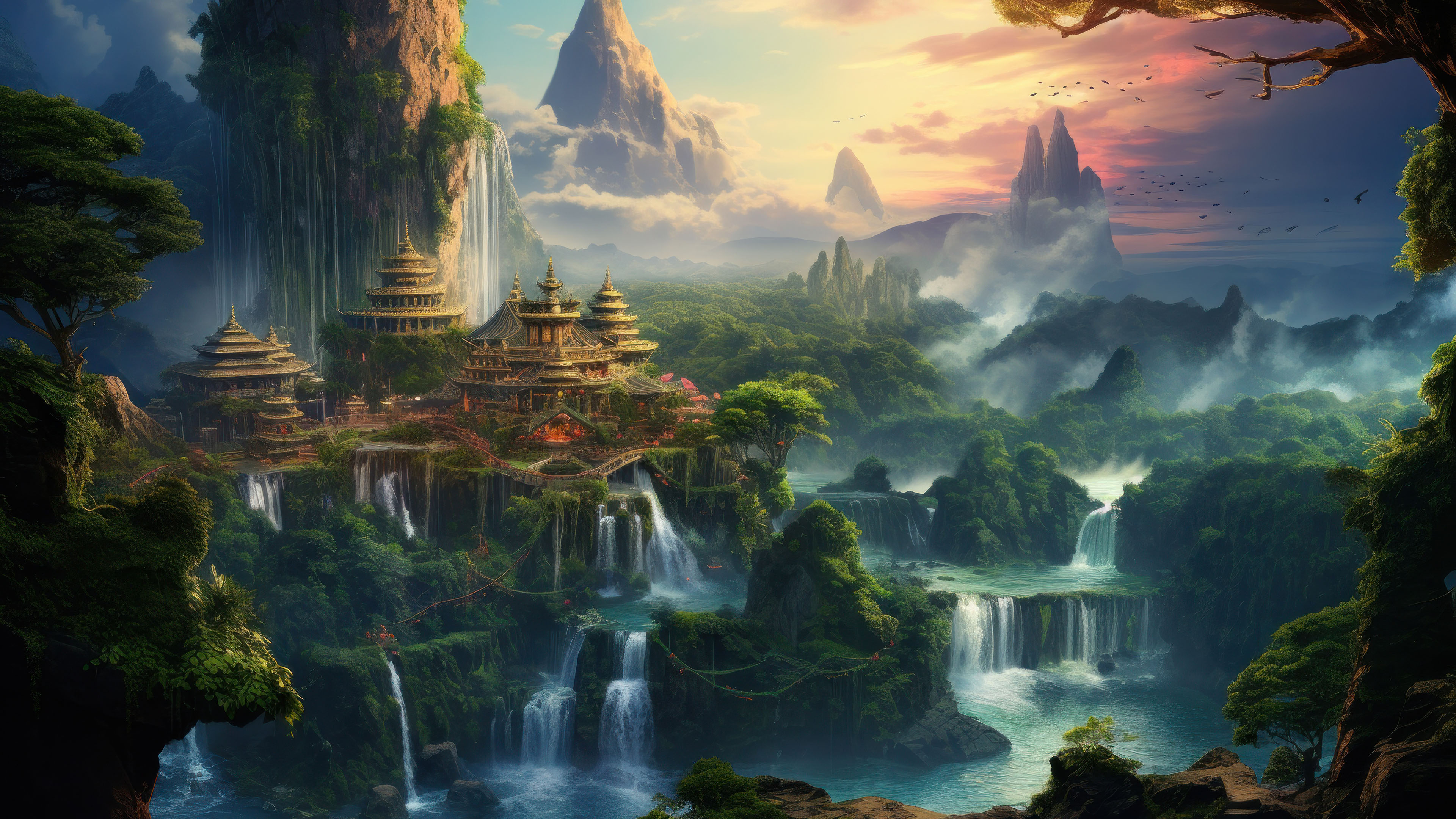 山脉,瀑布,仙境,世外