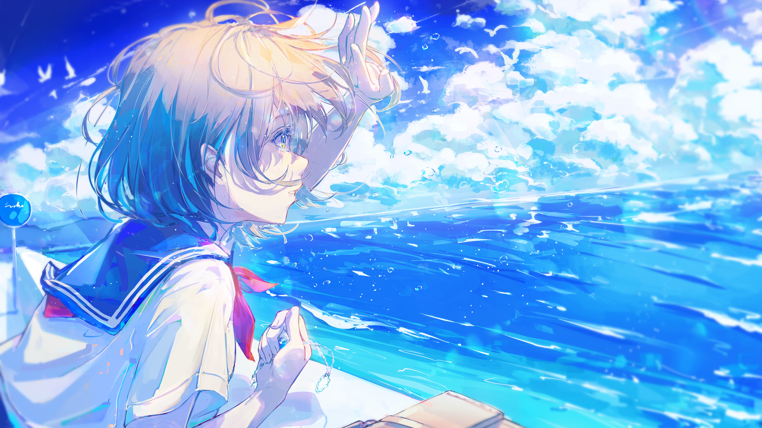 短发女孩,海鸥,白云,少女