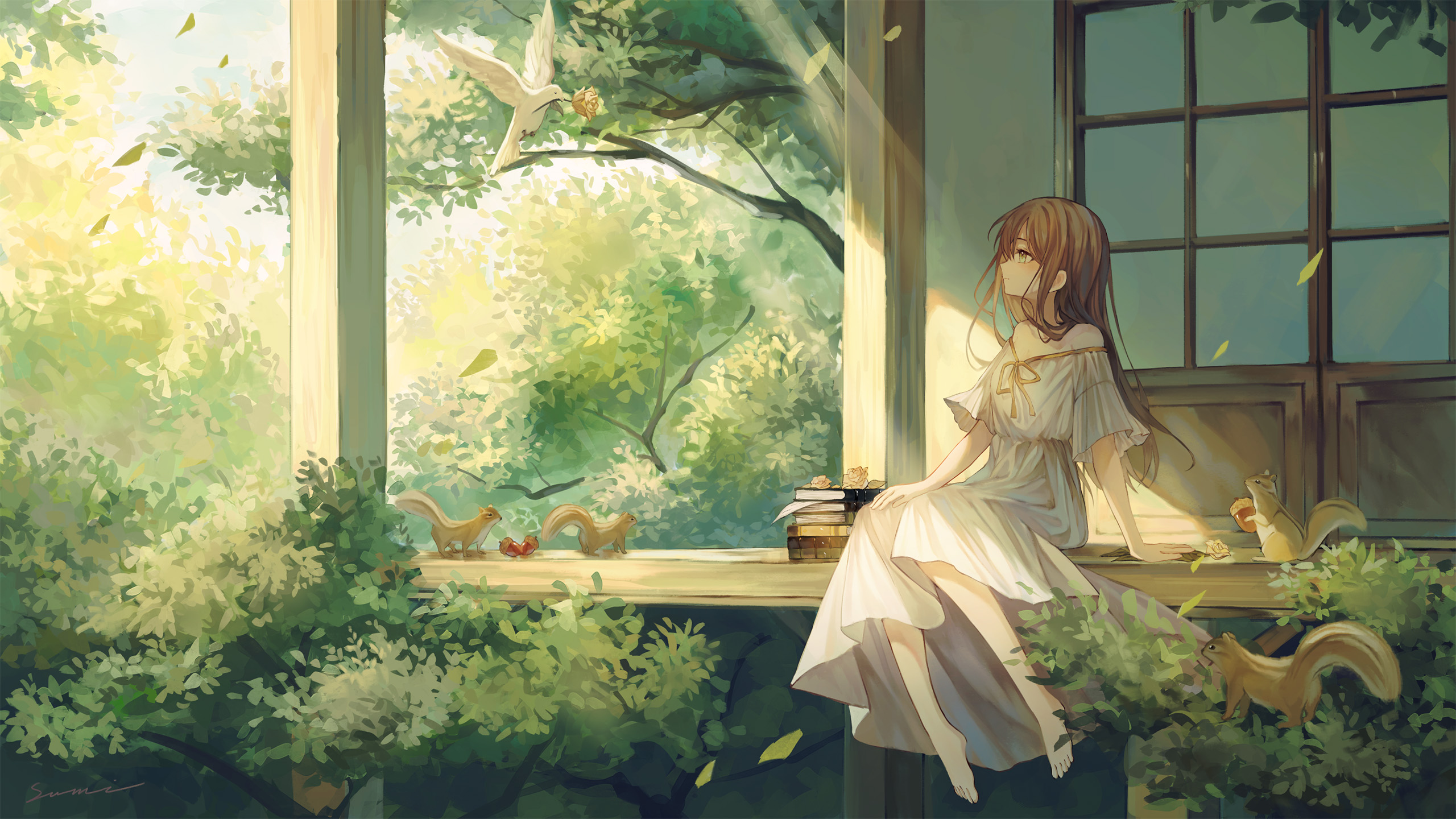 阳光,庭院,松树,女孩,阁楼