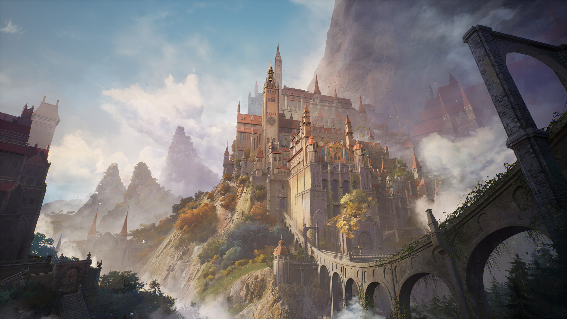 城堡,山峰,大桥