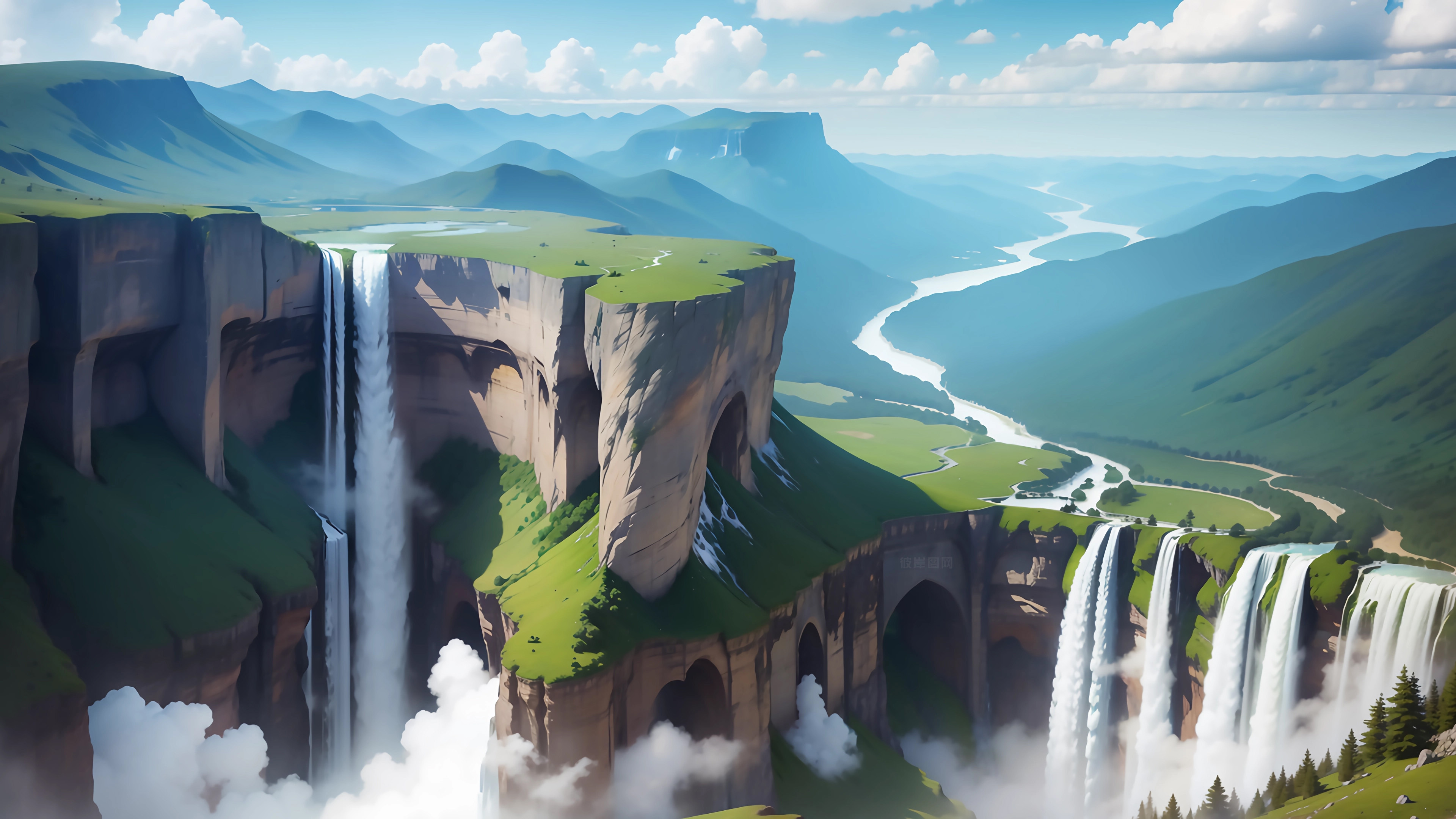 瀑布,悬崖,童话,云朵