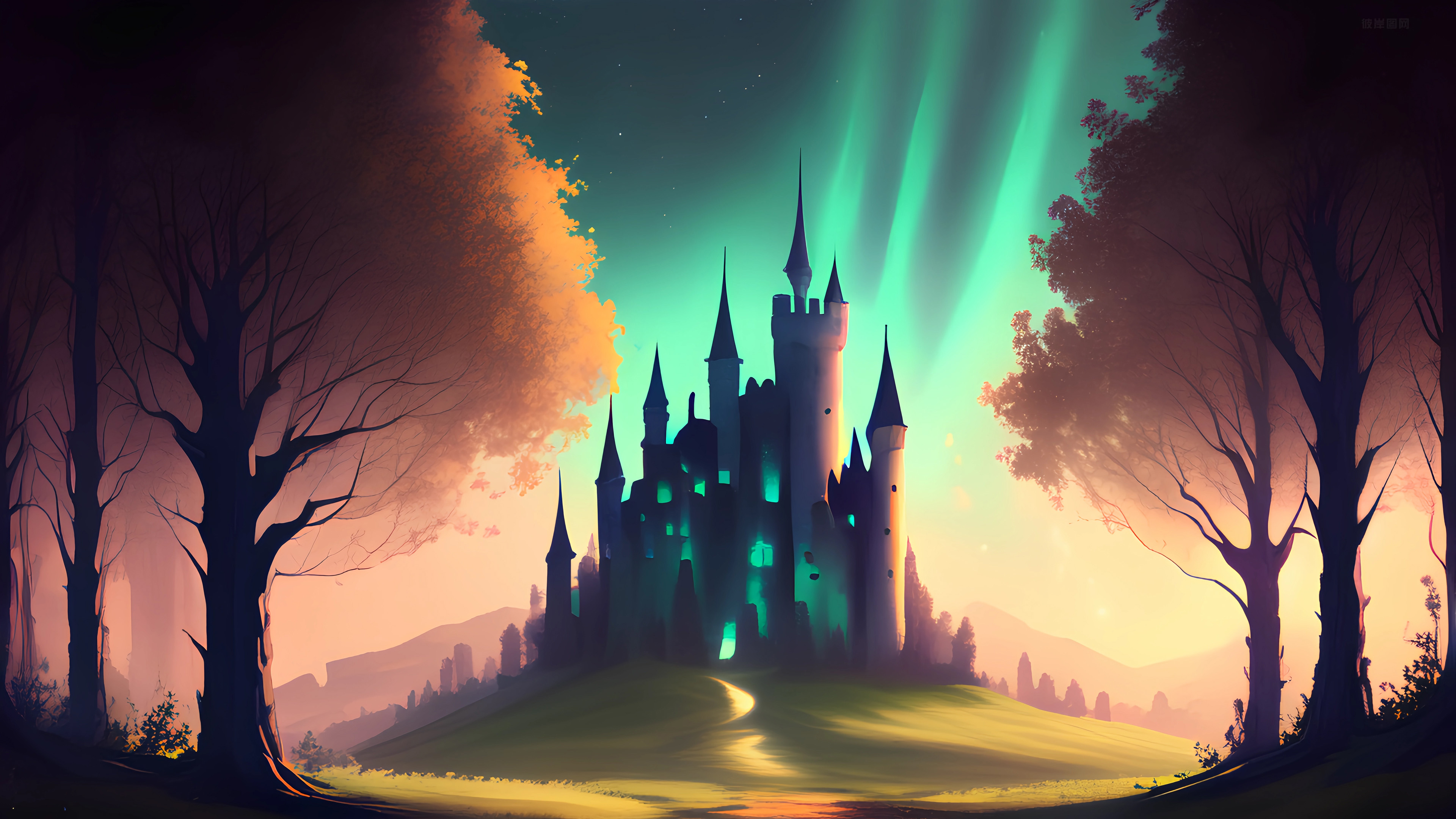 秋天风景,绿色极光,森林,树林,城堡