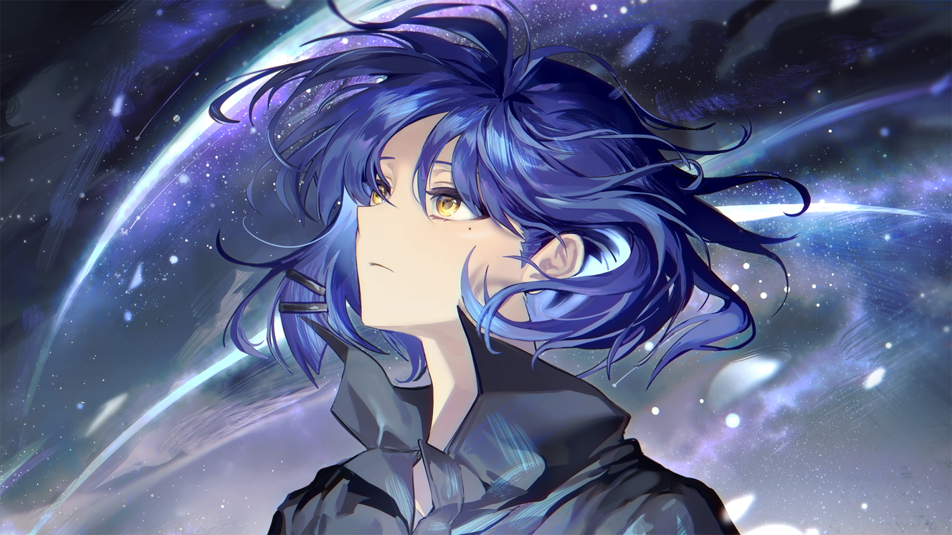 蓝发女孩,流星,星空,浪漫