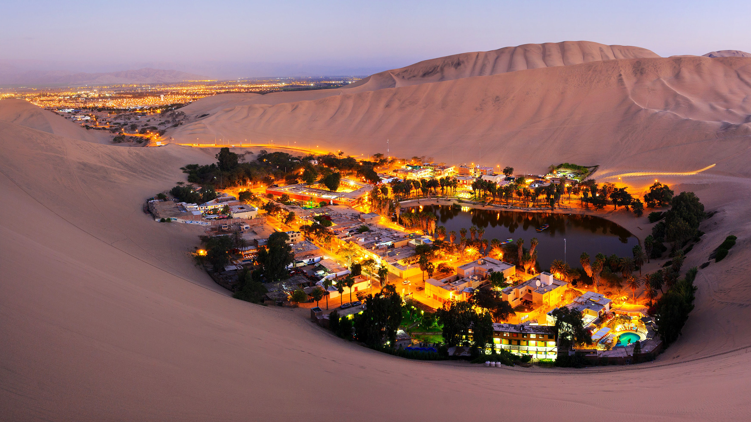 沙漠,小镇,绿洲,灯火,沙丘