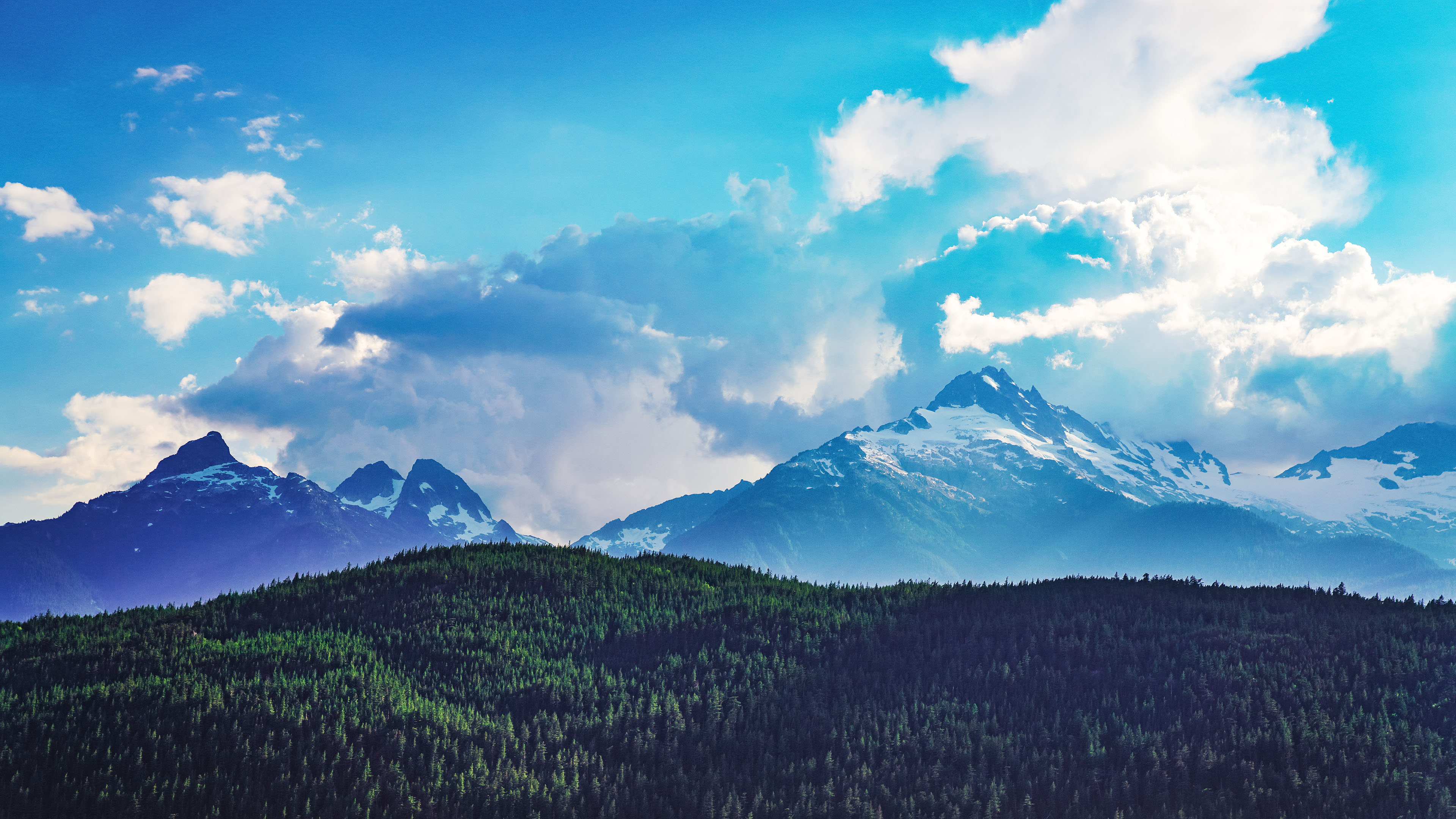 自然风光,雪山,树林,云朵