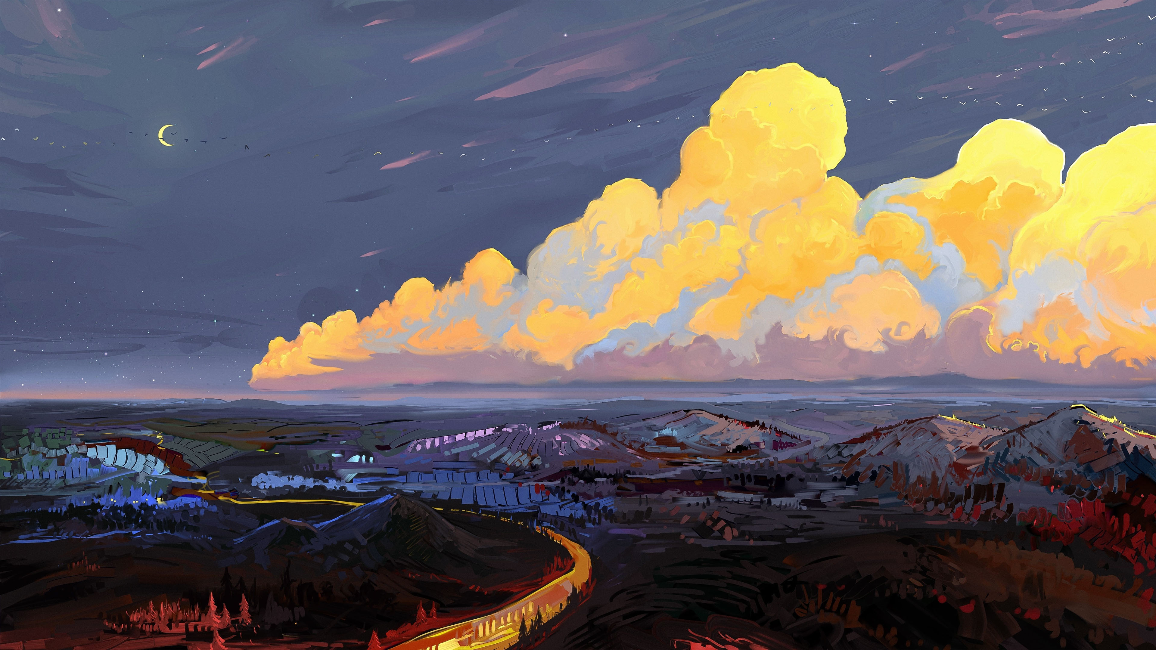 梯田,公路,夜晚,云彩