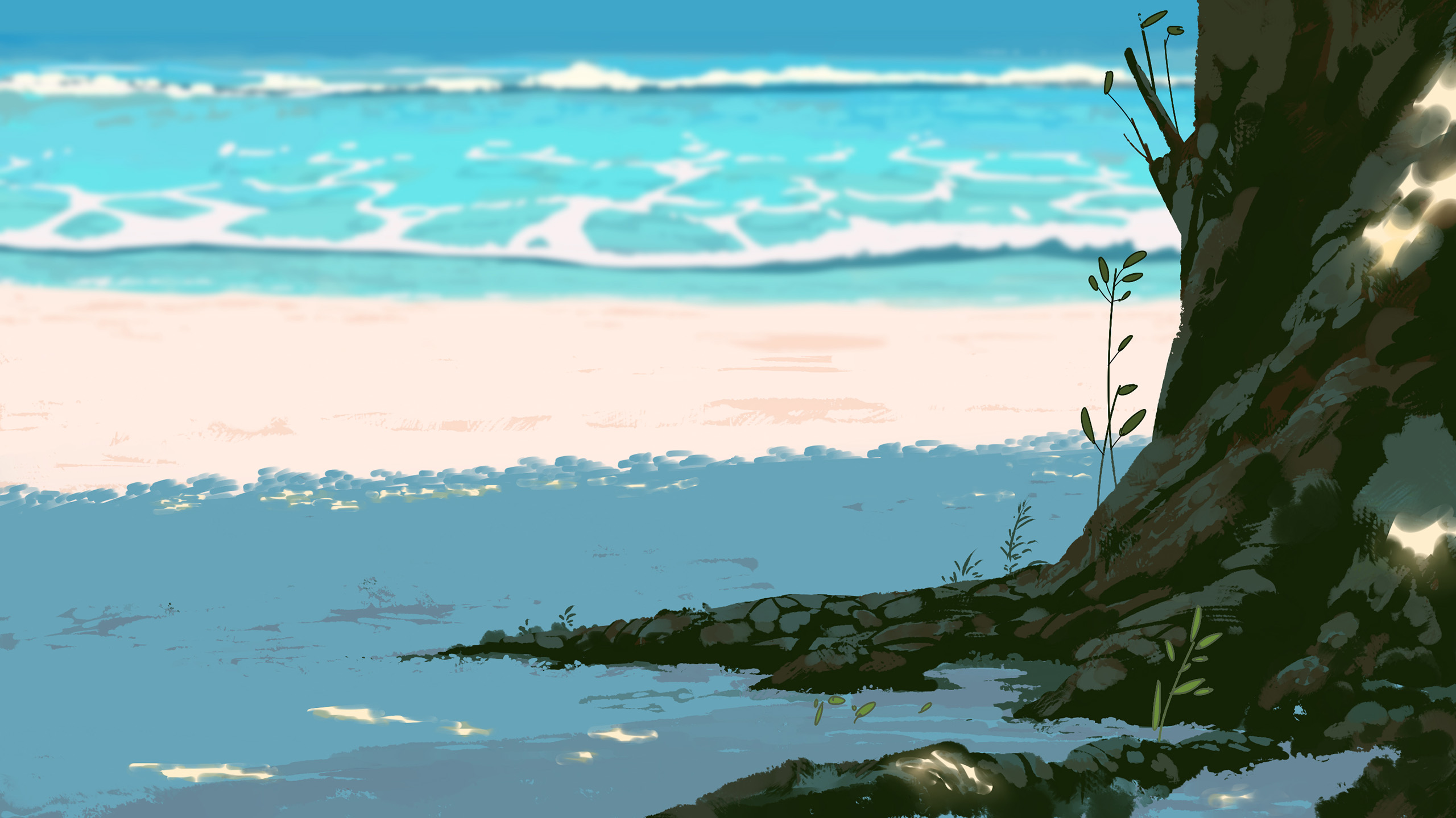 沙滩,海浪,树根