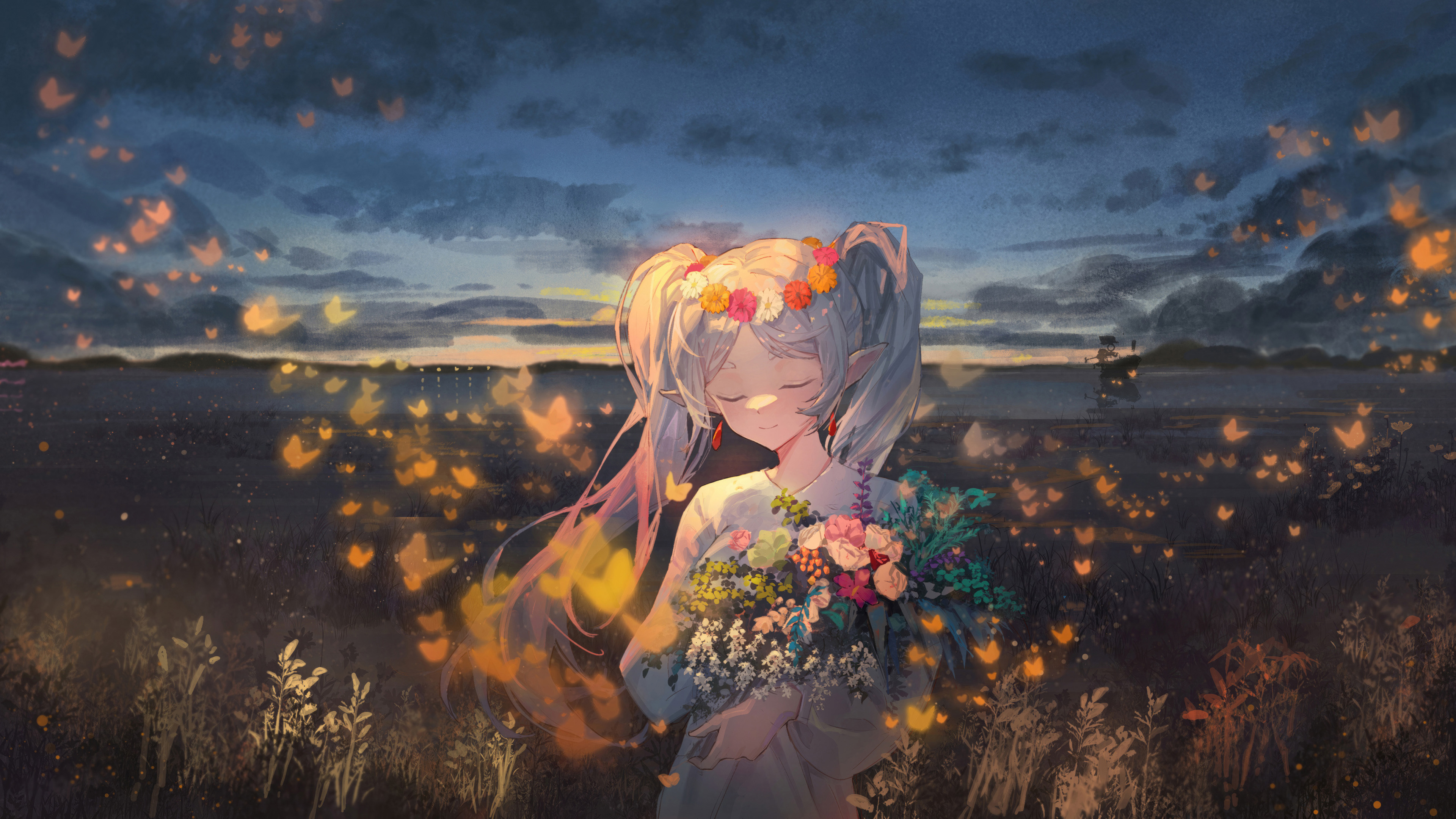 夜晚,花环,女孩