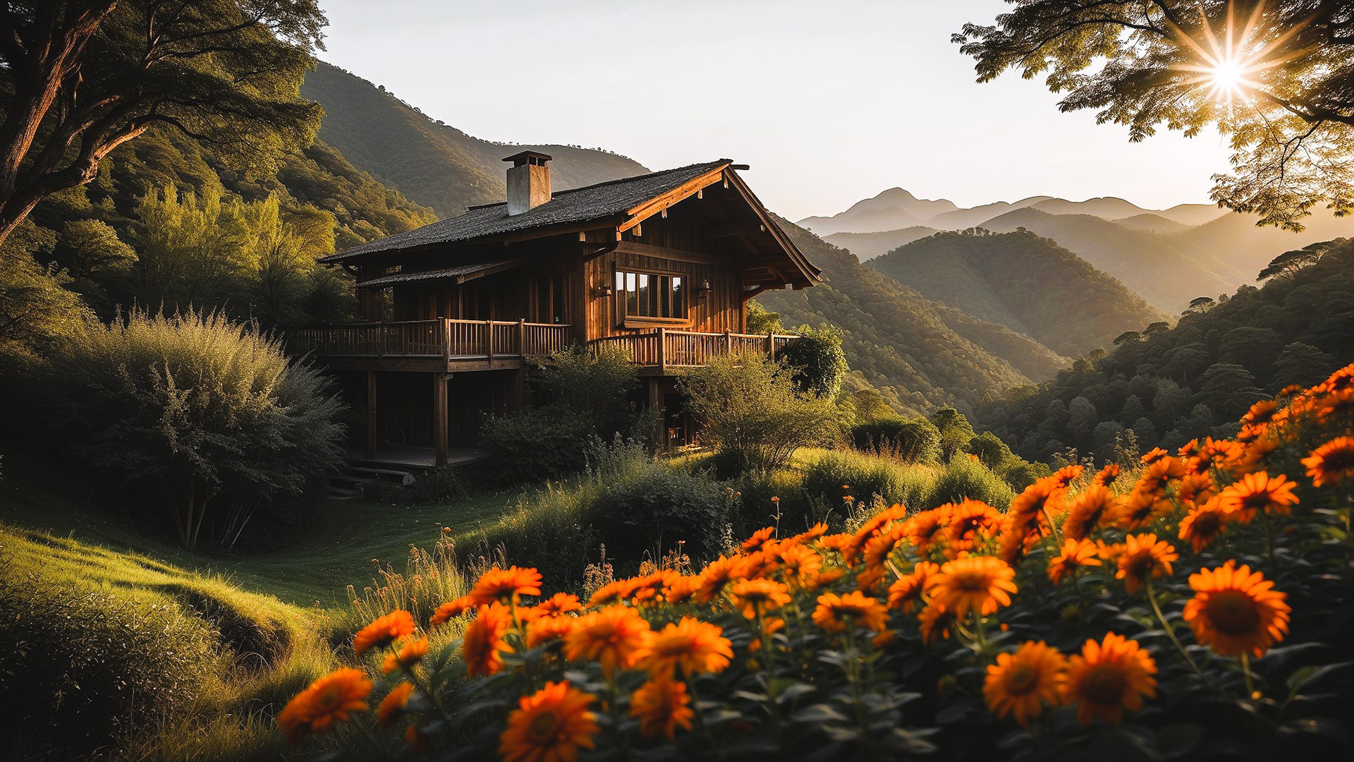 自然风光,木屋,花海,阳光