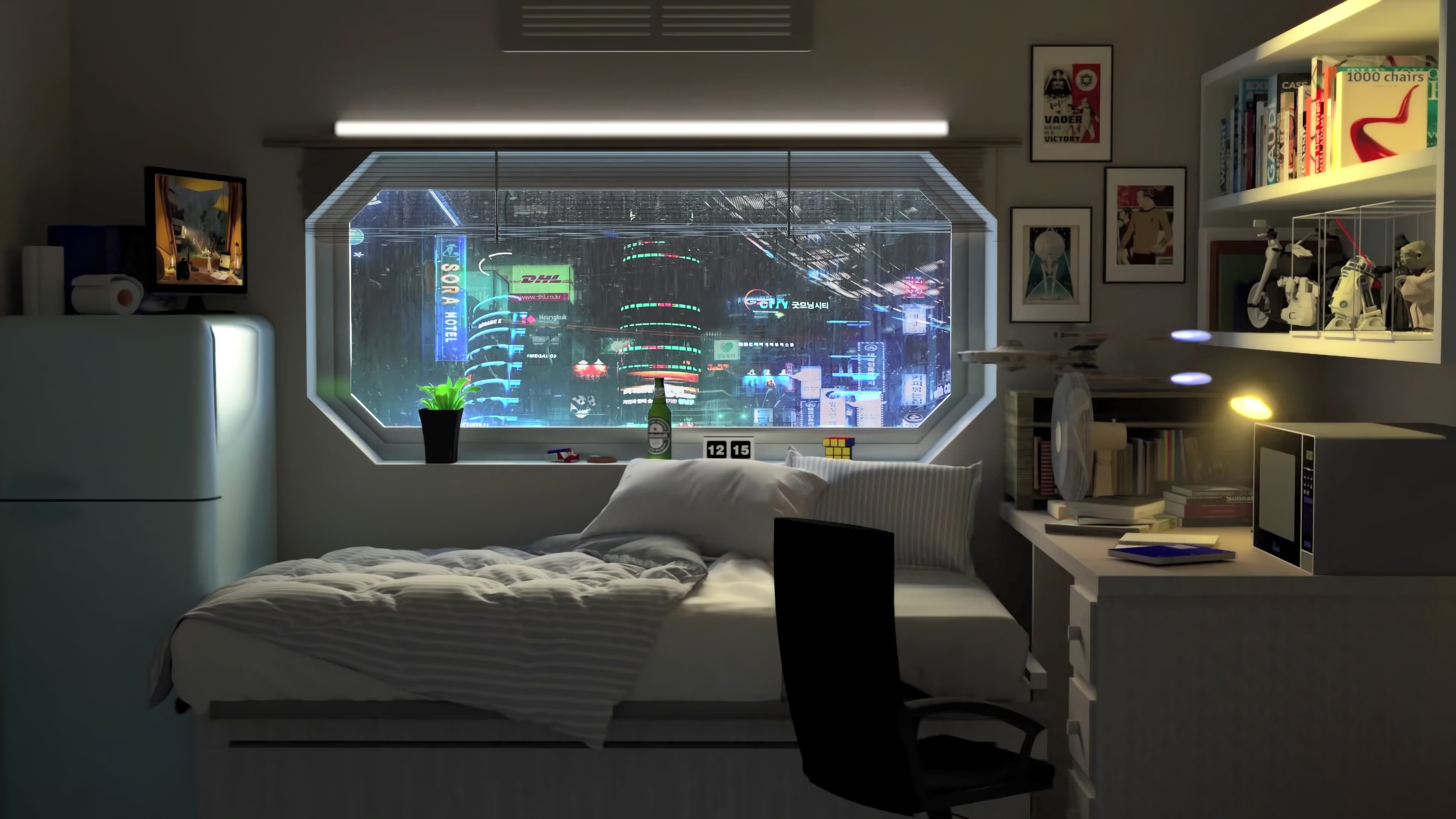 赛博朋克,房间,卧室,城市