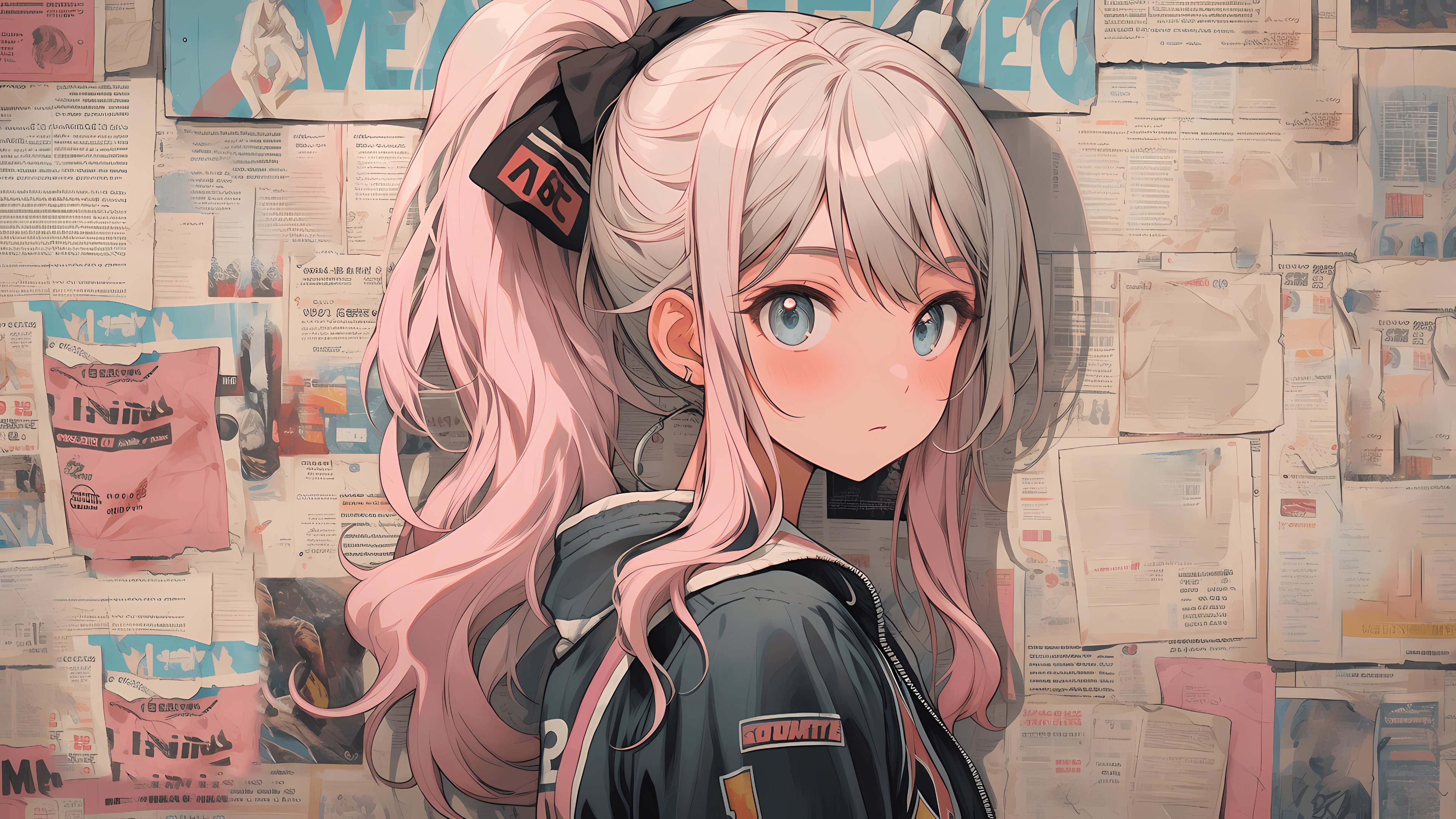 报纸墙,马尾女孩,可爱