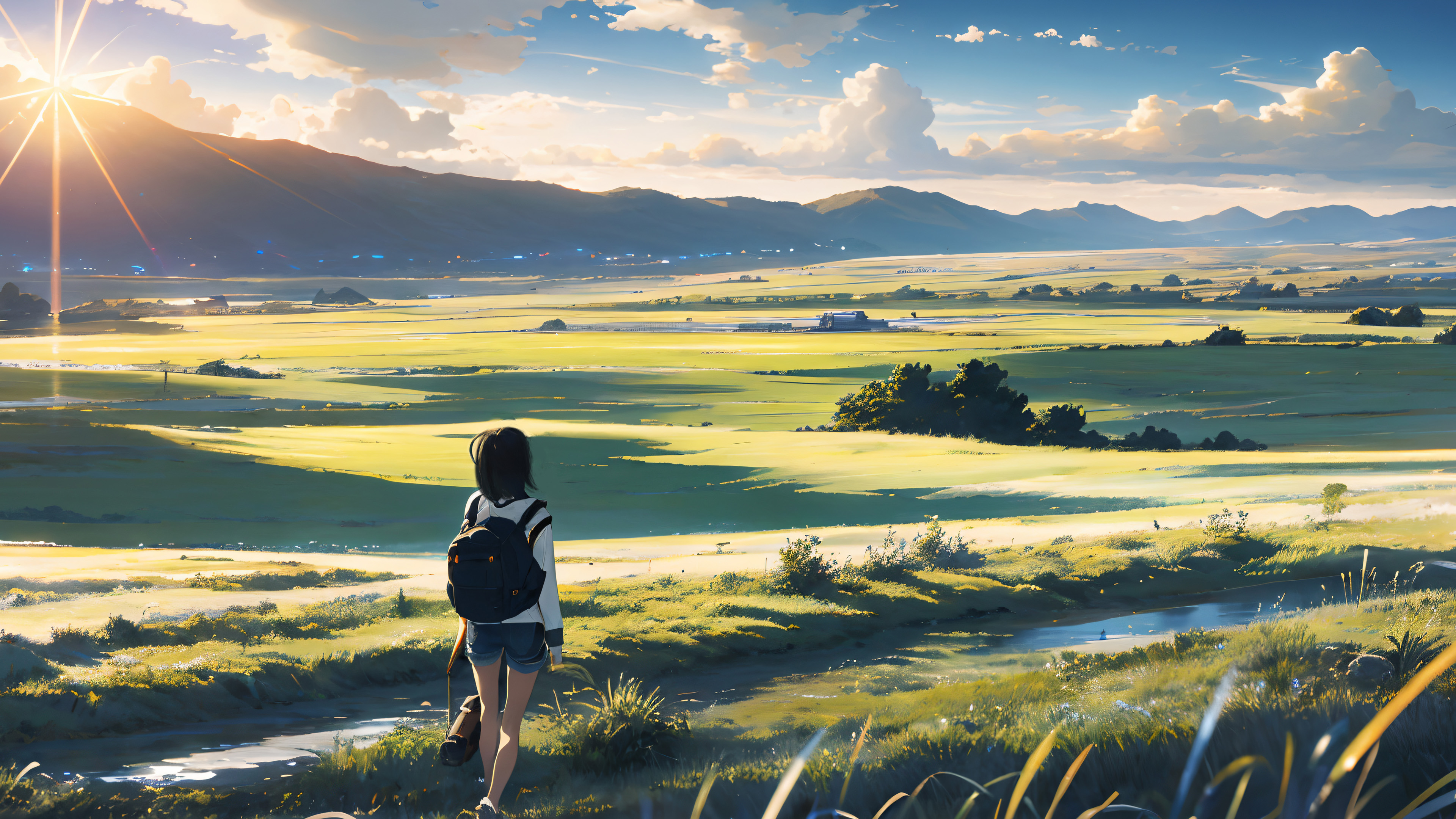 女孩,夕阳,原野,河流,背包