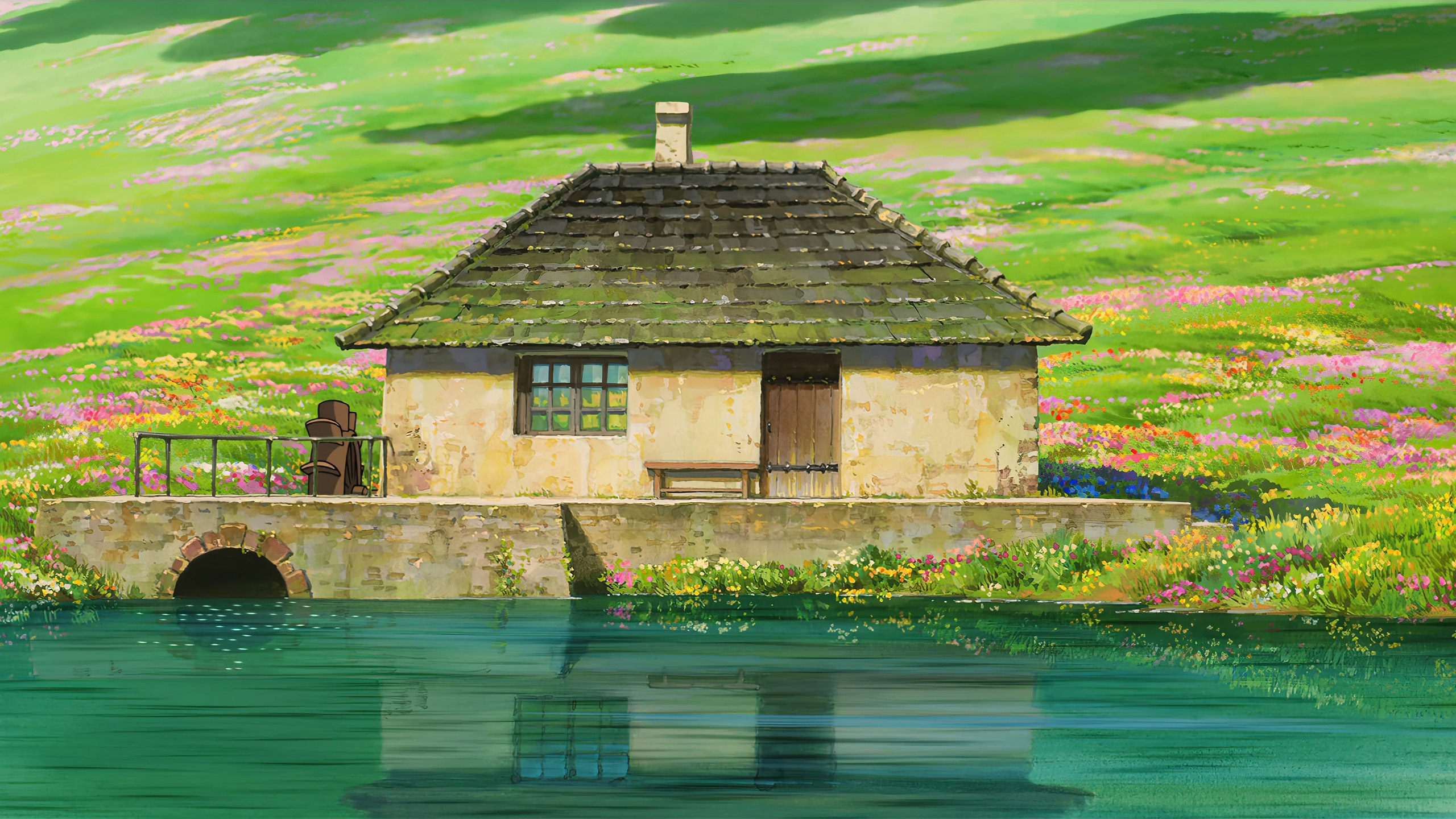 童话,海花,池塘,倒影,小屋