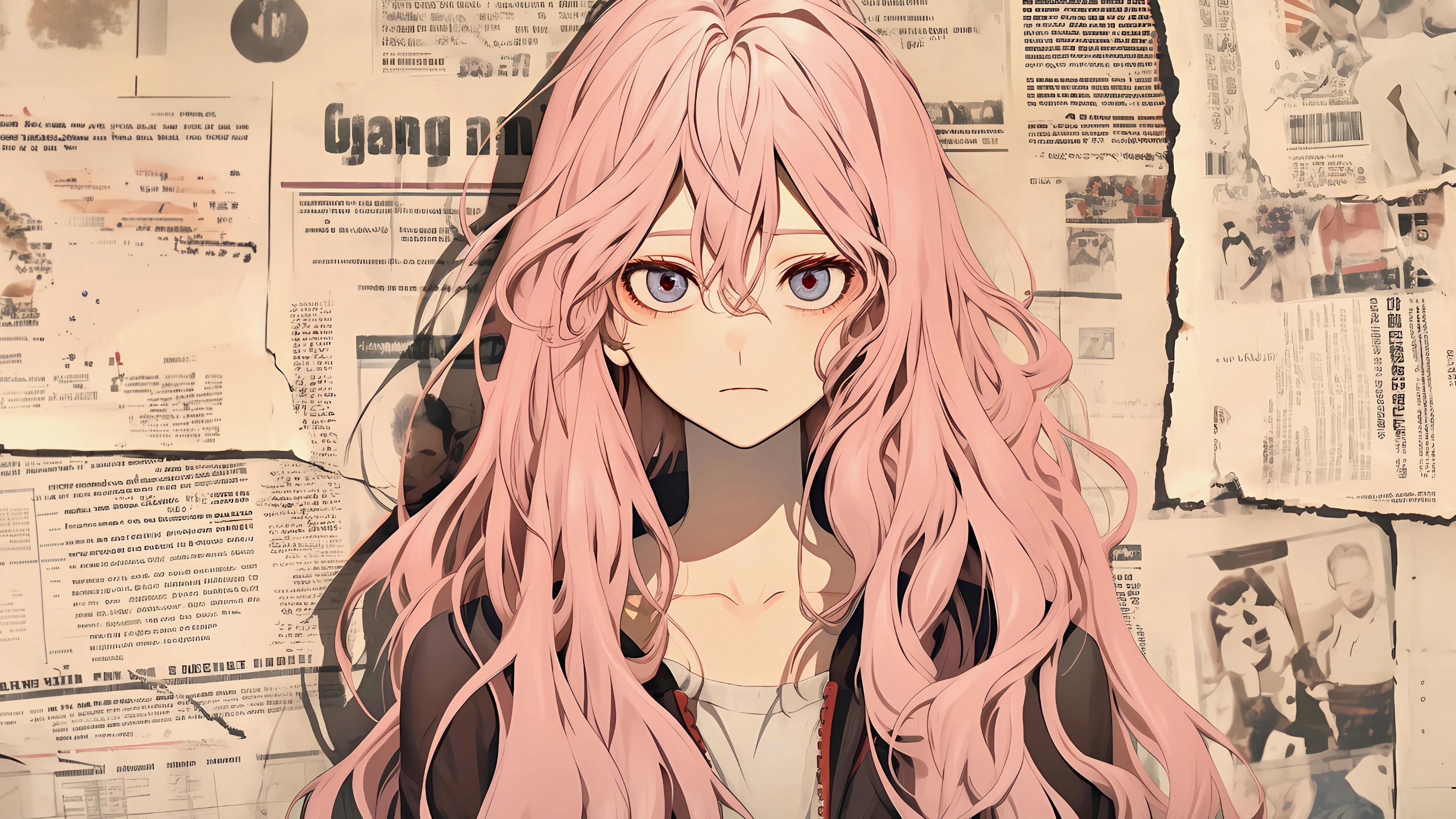 报纸墙,长发,粉红头发