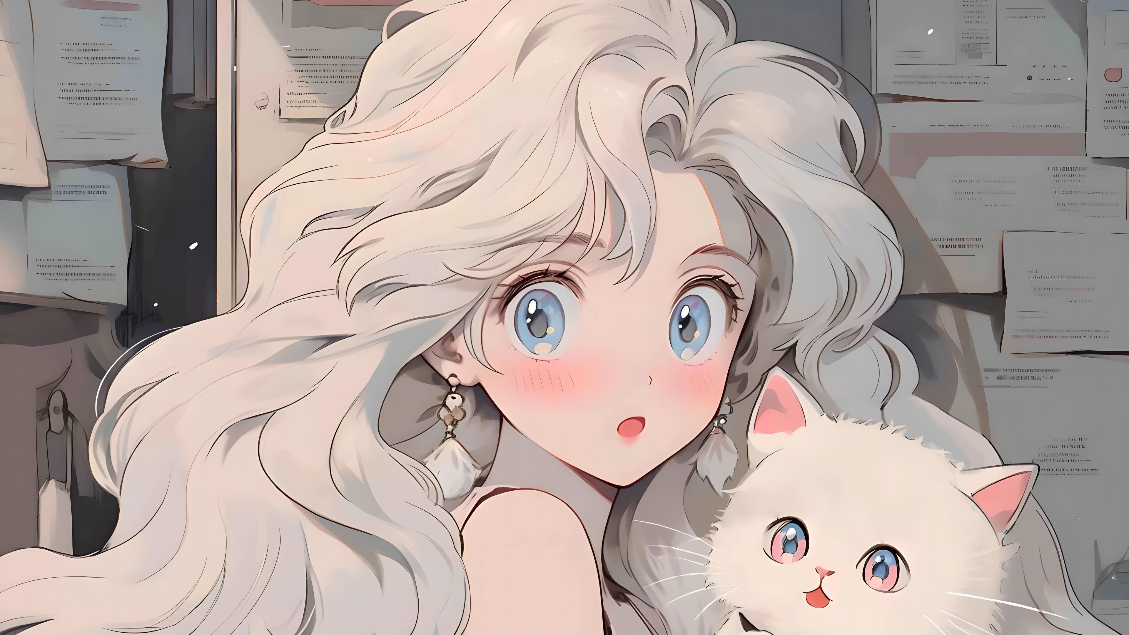 报纸墙,少女,耳环,猫咪