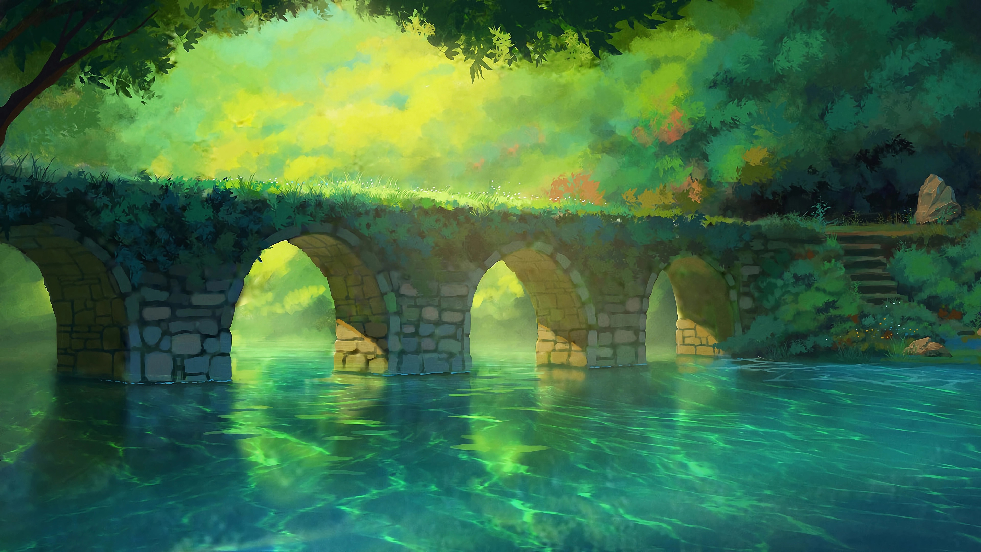 桥,流水,绿色树林